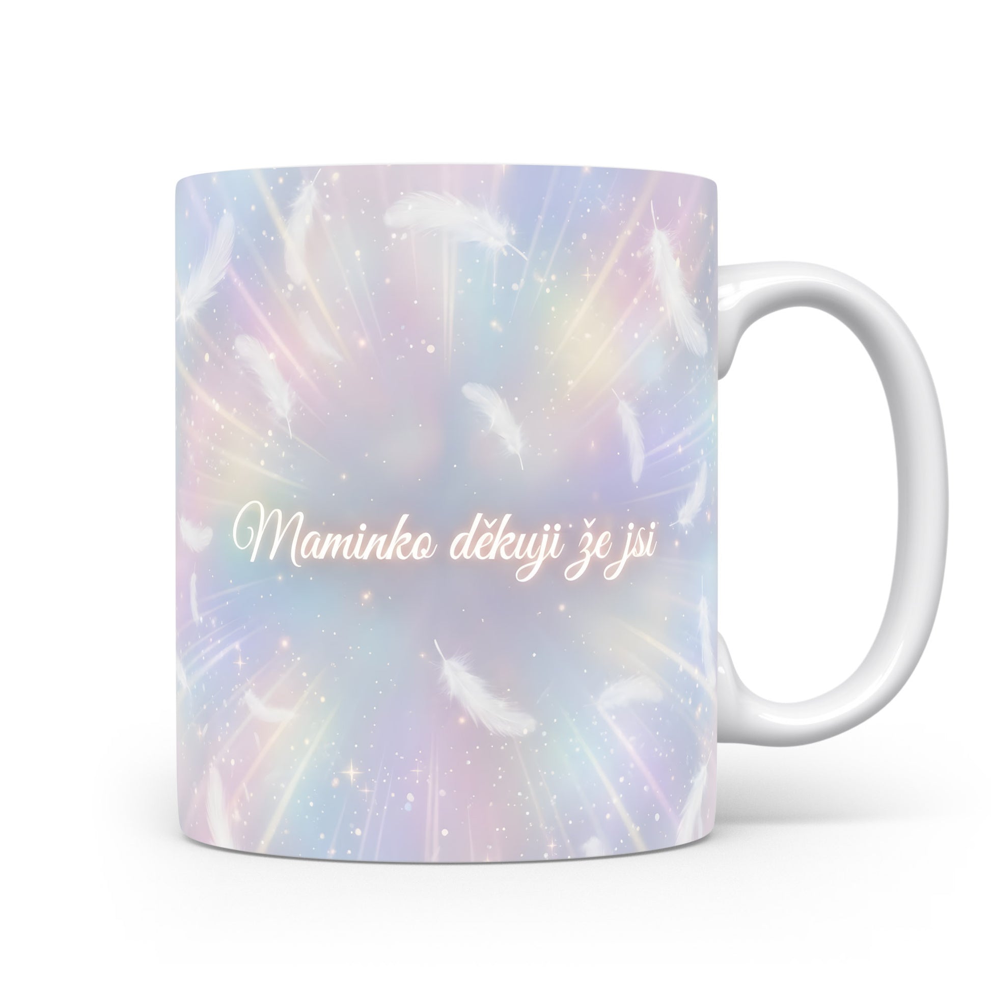 Hrnek Maminko děkuji že jsi – snivá peříčka v pastelových barvách – varianta 11
