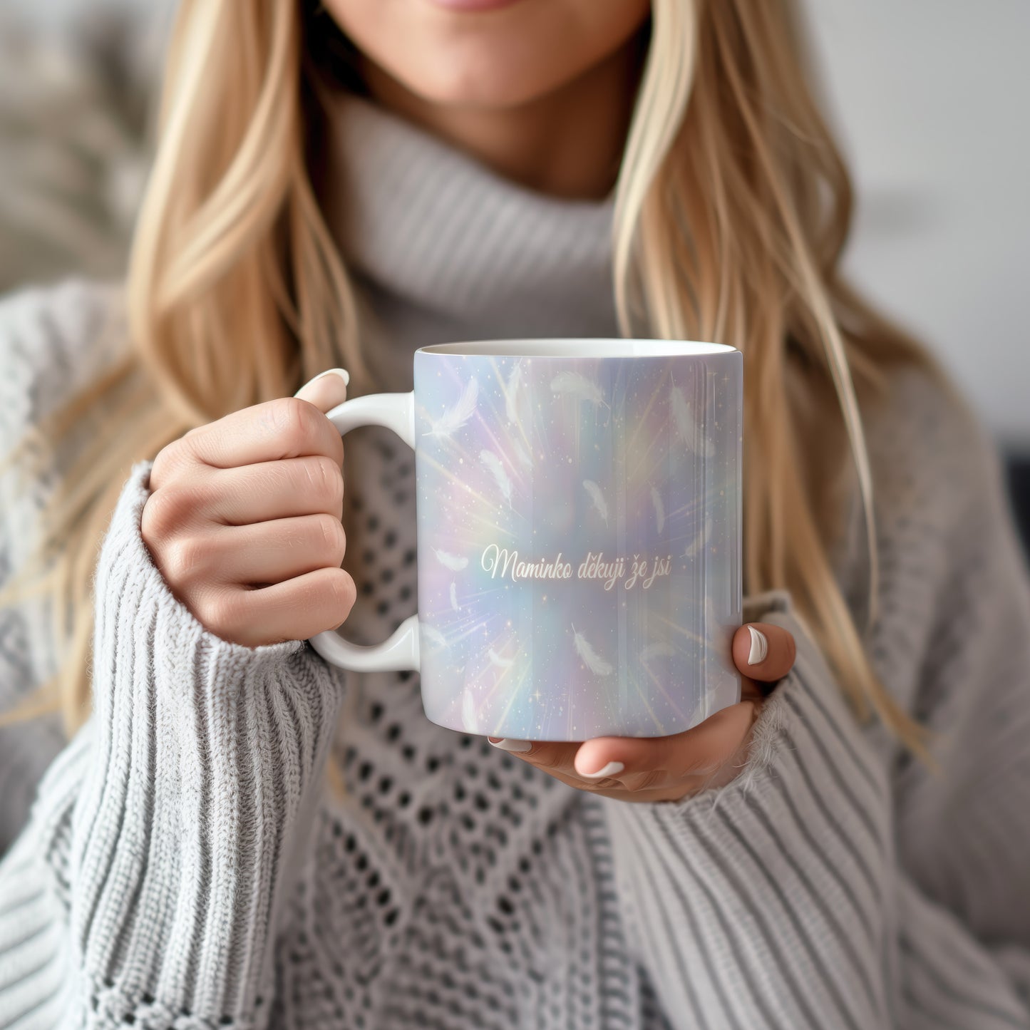 Hrnek Maminko děkuji že jsi – snivá peříčka v pastelových barvách – varianta 22
