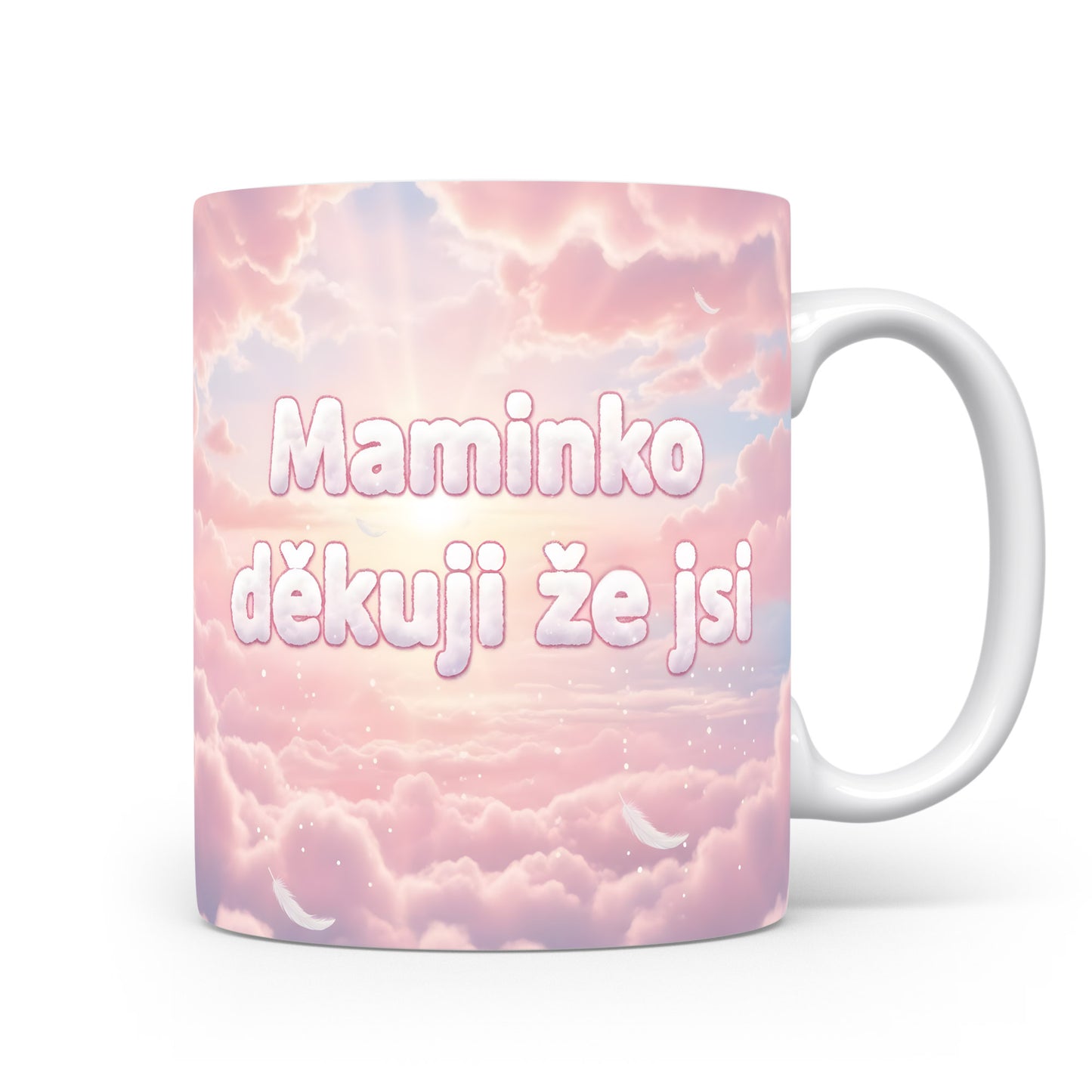 Hrnek Maminko děkuji že jsi – pastelová oblaka a jemná peříčka – varianta 11