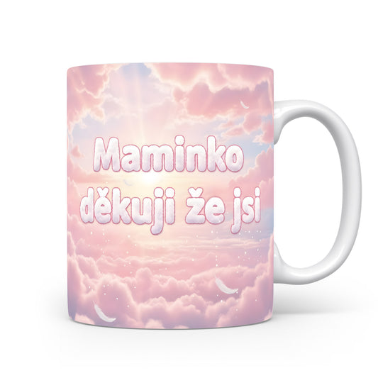 Hrnek Maminko děkuji že jsi – pastelová oblaka a jemná peříčka – varianta 11