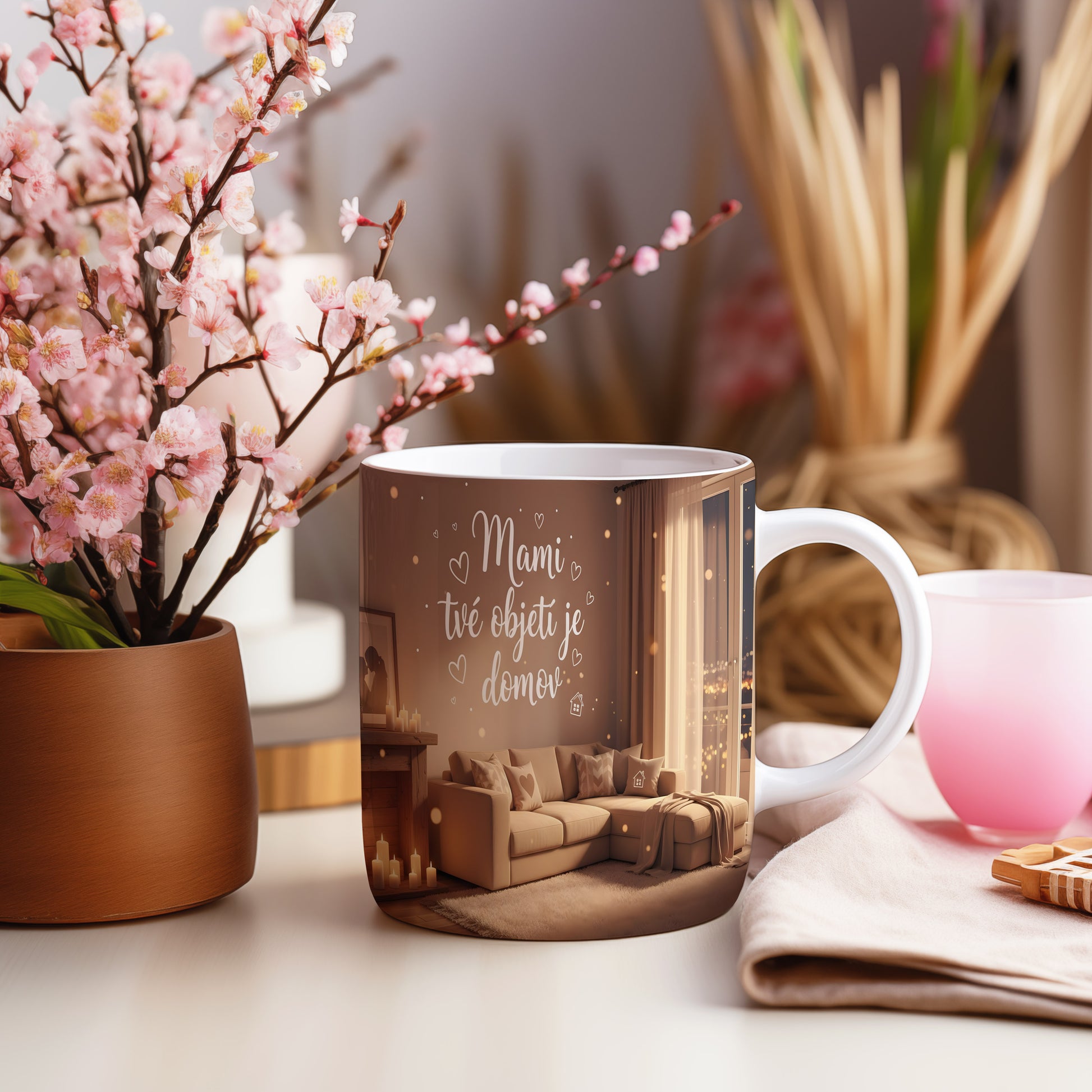 Hrnek Mami tvé objetí je domov – útulný interiér se svíčkami – varianta 55