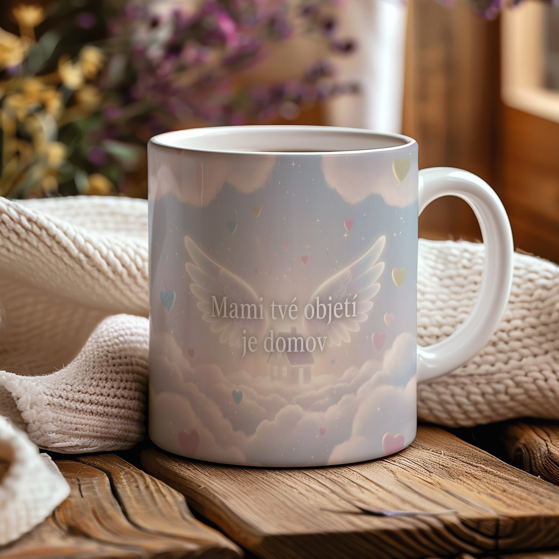 Hrnek Mami tvé objetí je domov – snová oblaka a jemná křídla – varianta 44