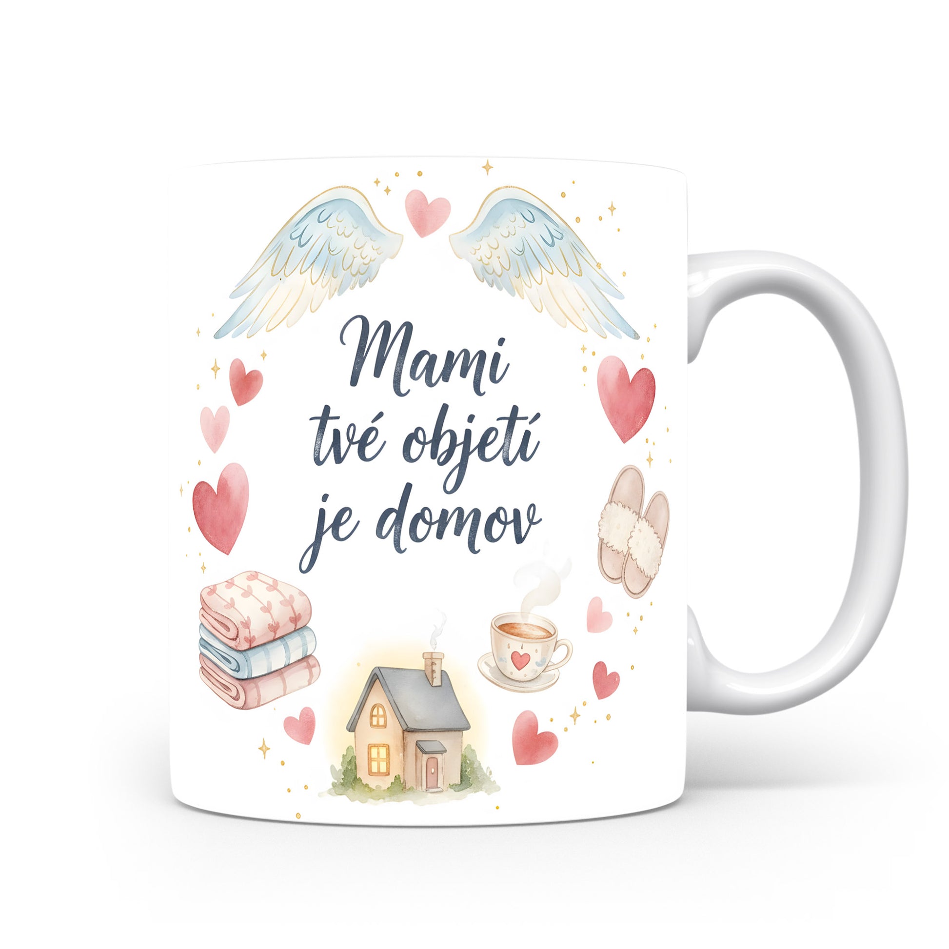 Hrnek Mami tvé objetí je domov – andělská křídla a srdce v pastelových barvách – varianta 11