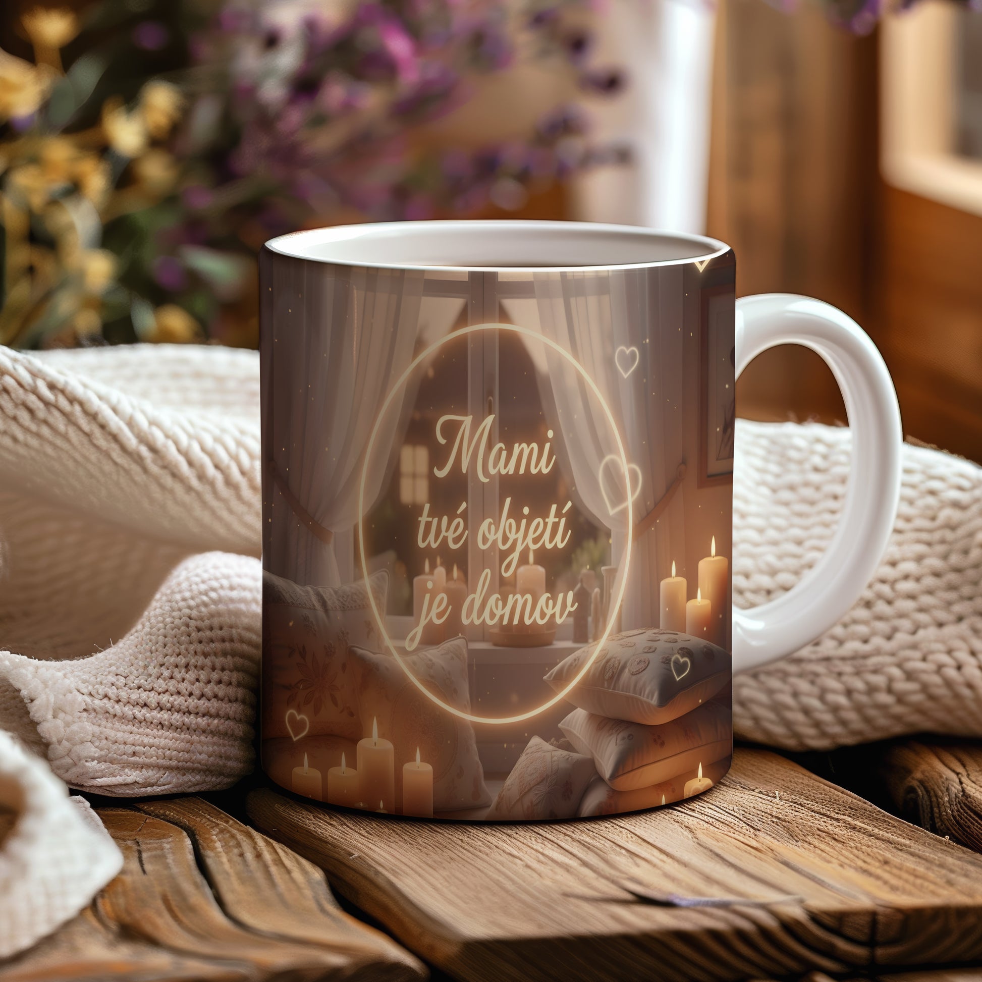Hrnek Mami tvé objetí je domov – hřejivý interiér se svíčkami a polštáři – varianta 44