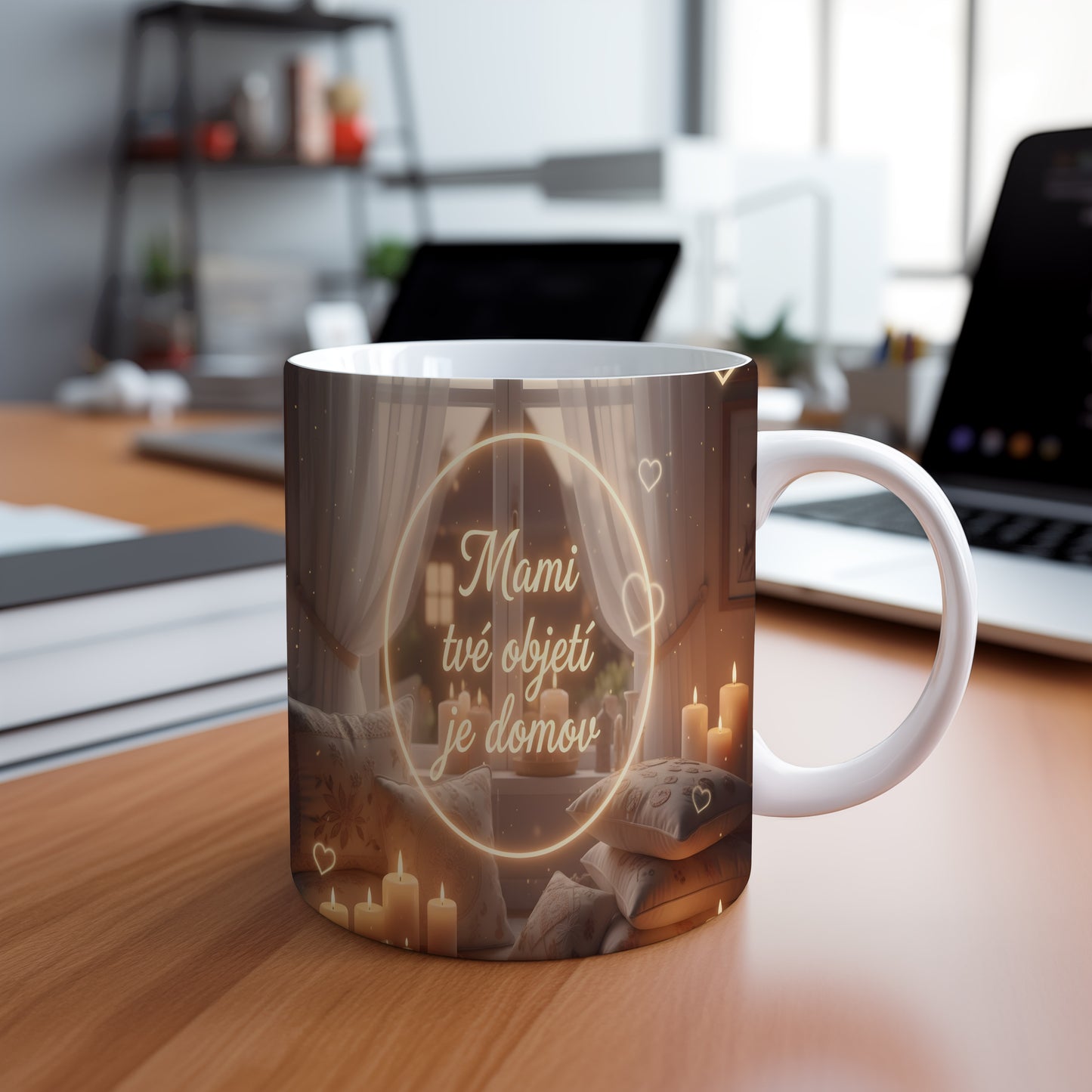 Hrnek Mami tvé objetí je domov – hřejivý interiér se svíčkami a polštáři – varianta 88