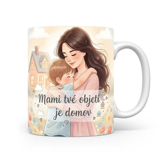 Hrnek Mami tvé objetí je domov – akvarelové květiny a pastelové domky – varianta 11