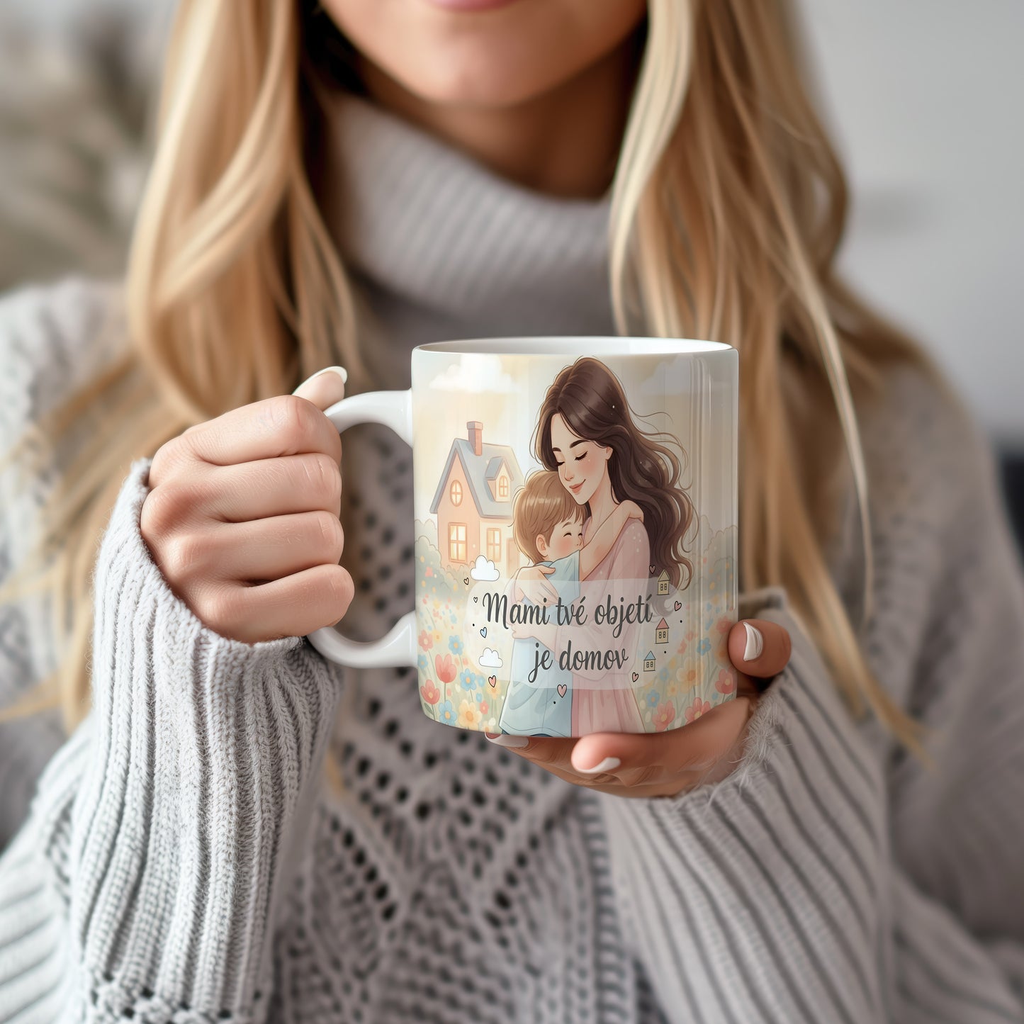 Hrnek Mami tvé objetí je domov – akvarelové květiny a pastelové domky – varianta 22