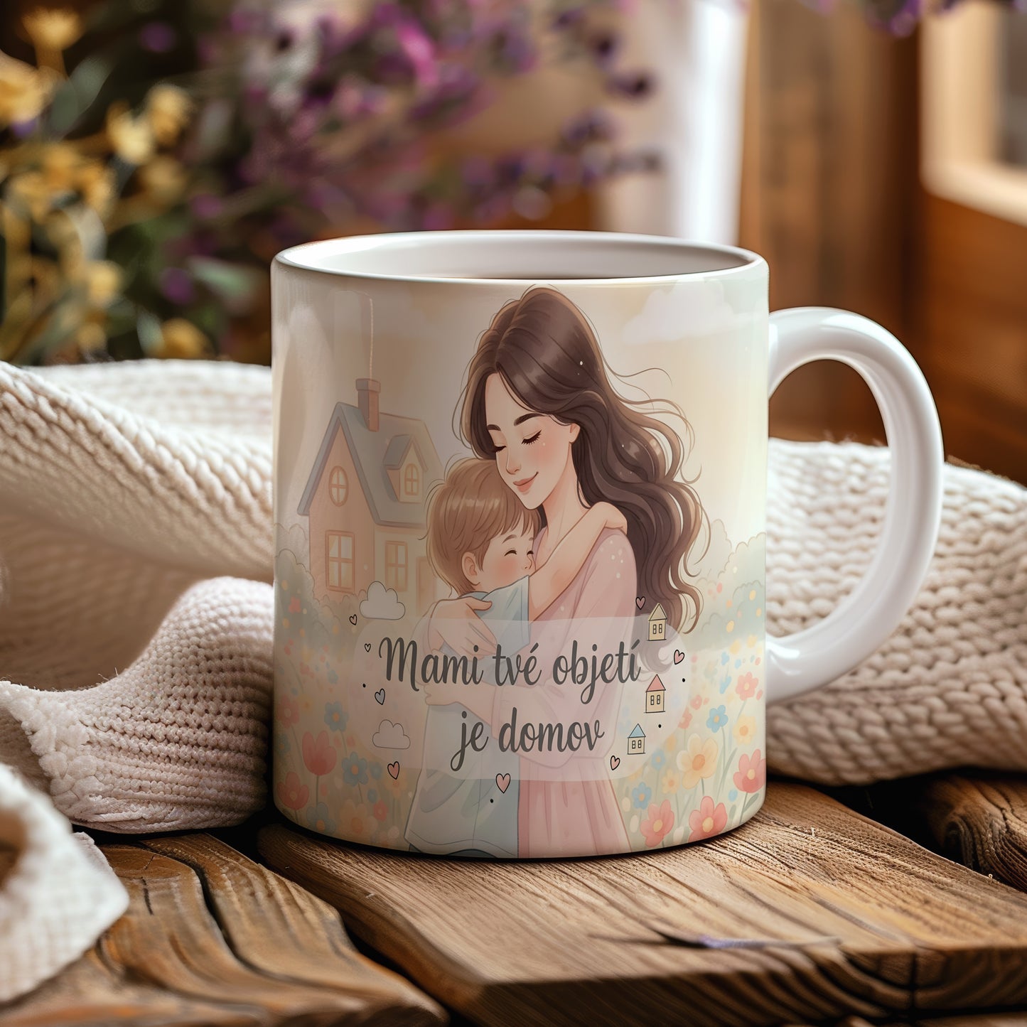 Hrnek Mami tvé objetí je domov – akvarelové květiny a pastelové domky – varianta 44