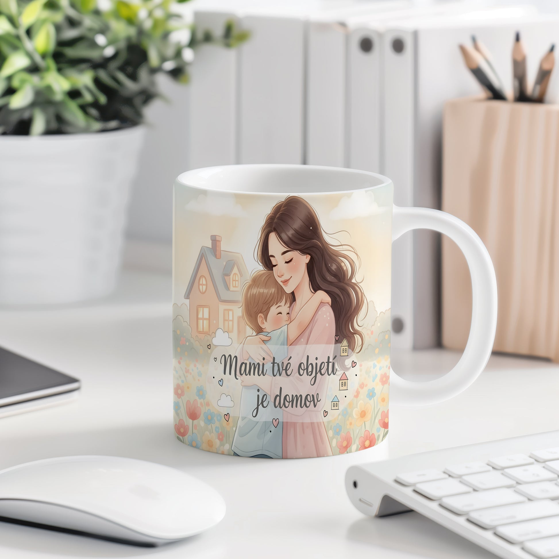 Hrnek Mami tvé objetí je domov – akvarelové květiny a pastelové domky – varianta 77