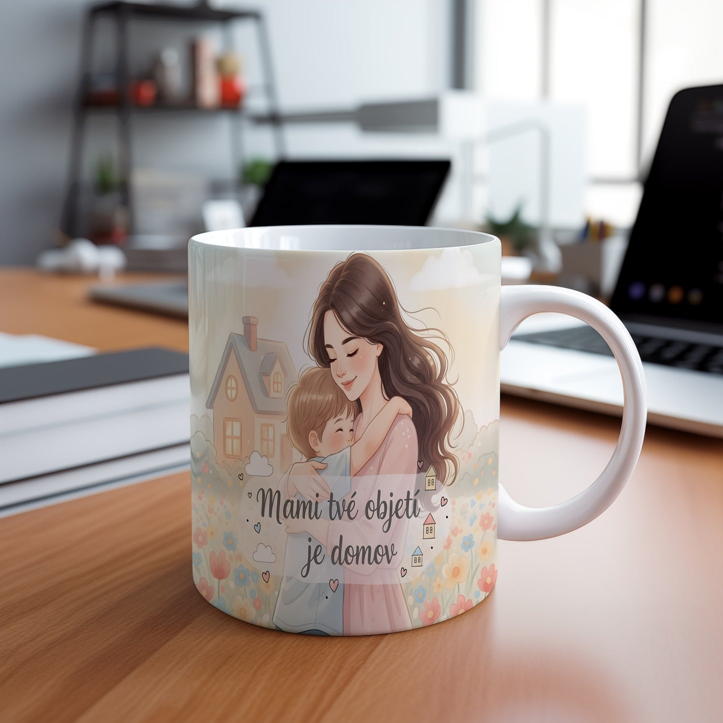 Hrnek Mami tvé objetí je domov – akvarelové květiny a pastelové domky – varianta 88