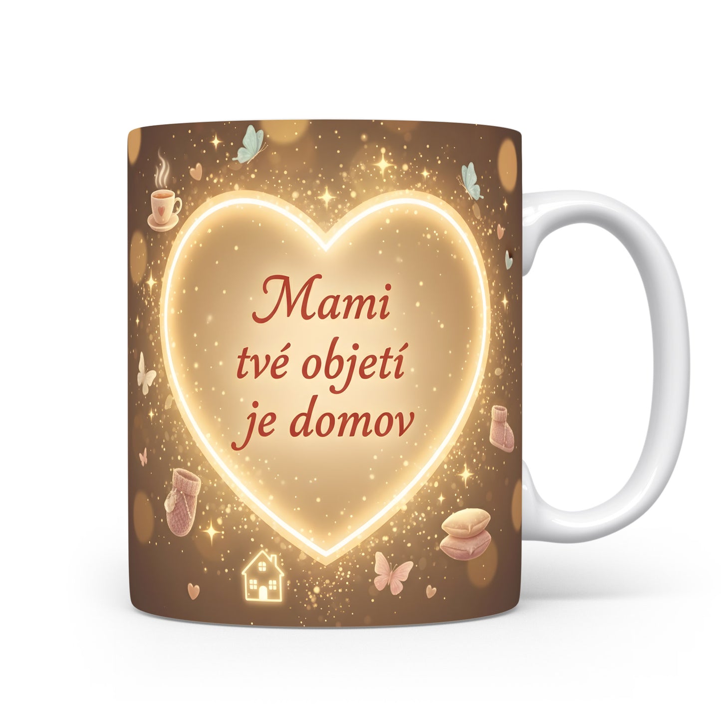 Hrnek Mami tvé objetí je domov – zářivé srdce v třpytivém vesmíru – varianta 11