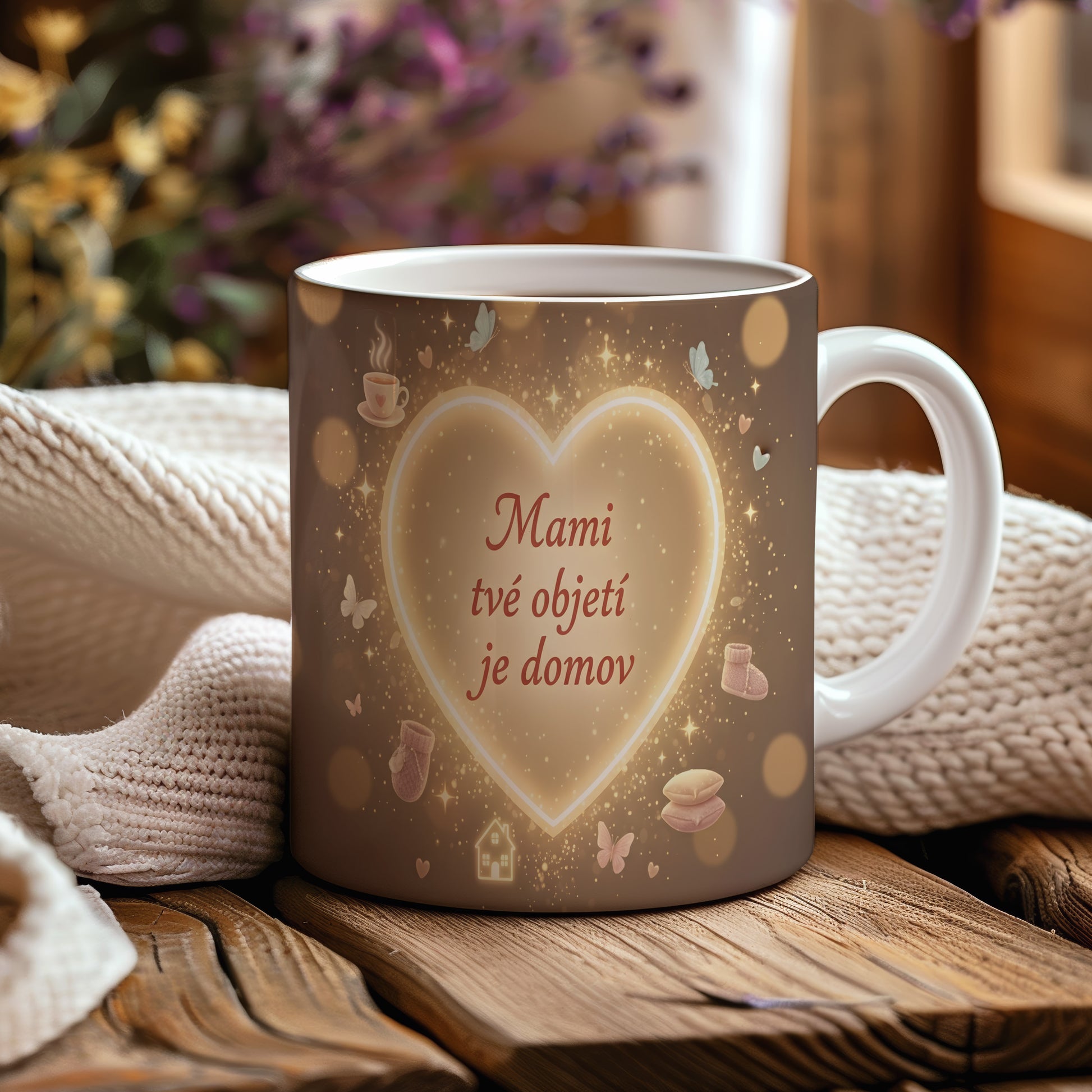 Hrnek Mami tvé objetí je domov – zářivé srdce v třpytivém vesmíru – varianta 44
