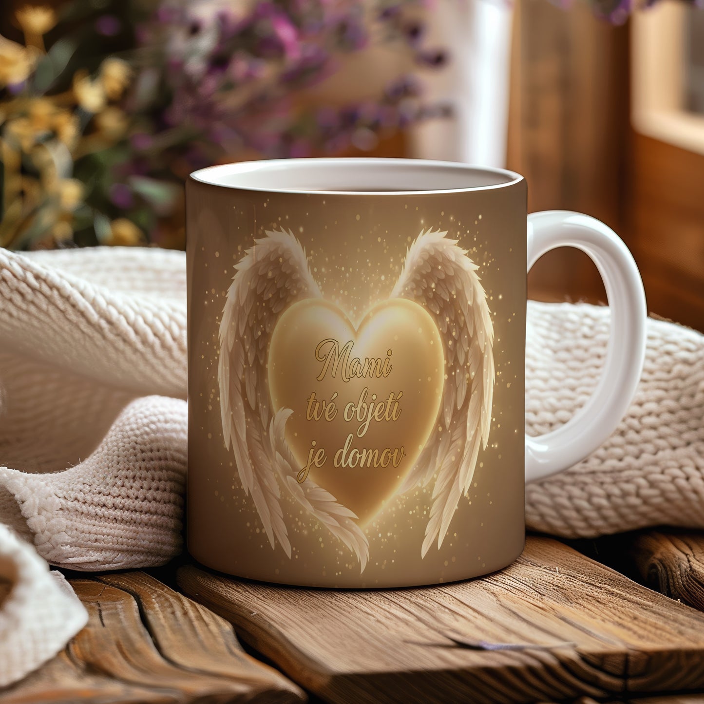 Hrnek Mami tvé objetí je domov – zlaté srdce s andělskými křídly na třpytivém pozadí – varianta 44