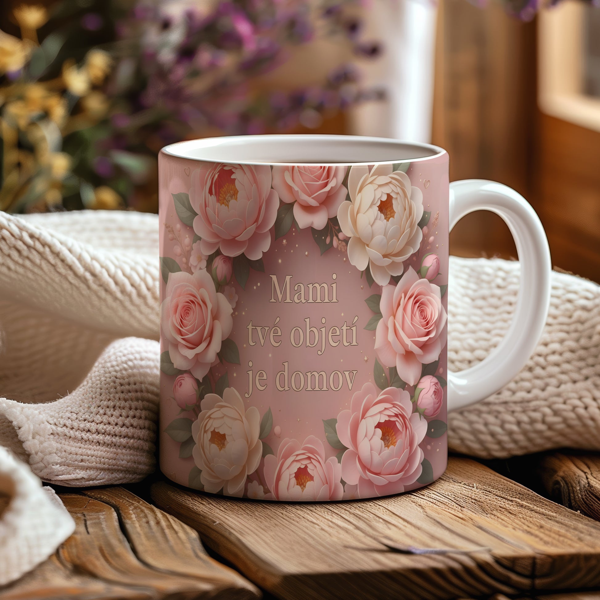 Hrnek Mami tvé objetí je domov – něžné květy na pastelovém pozadí – varianta 44