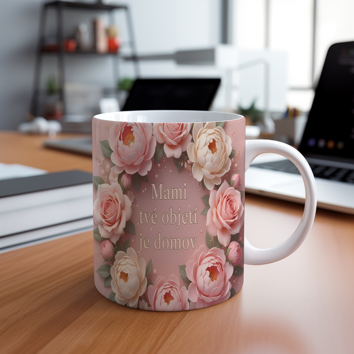 Hrnek Mami tvé objetí je domov – něžné květy na pastelovém pozadí – varianta 88
