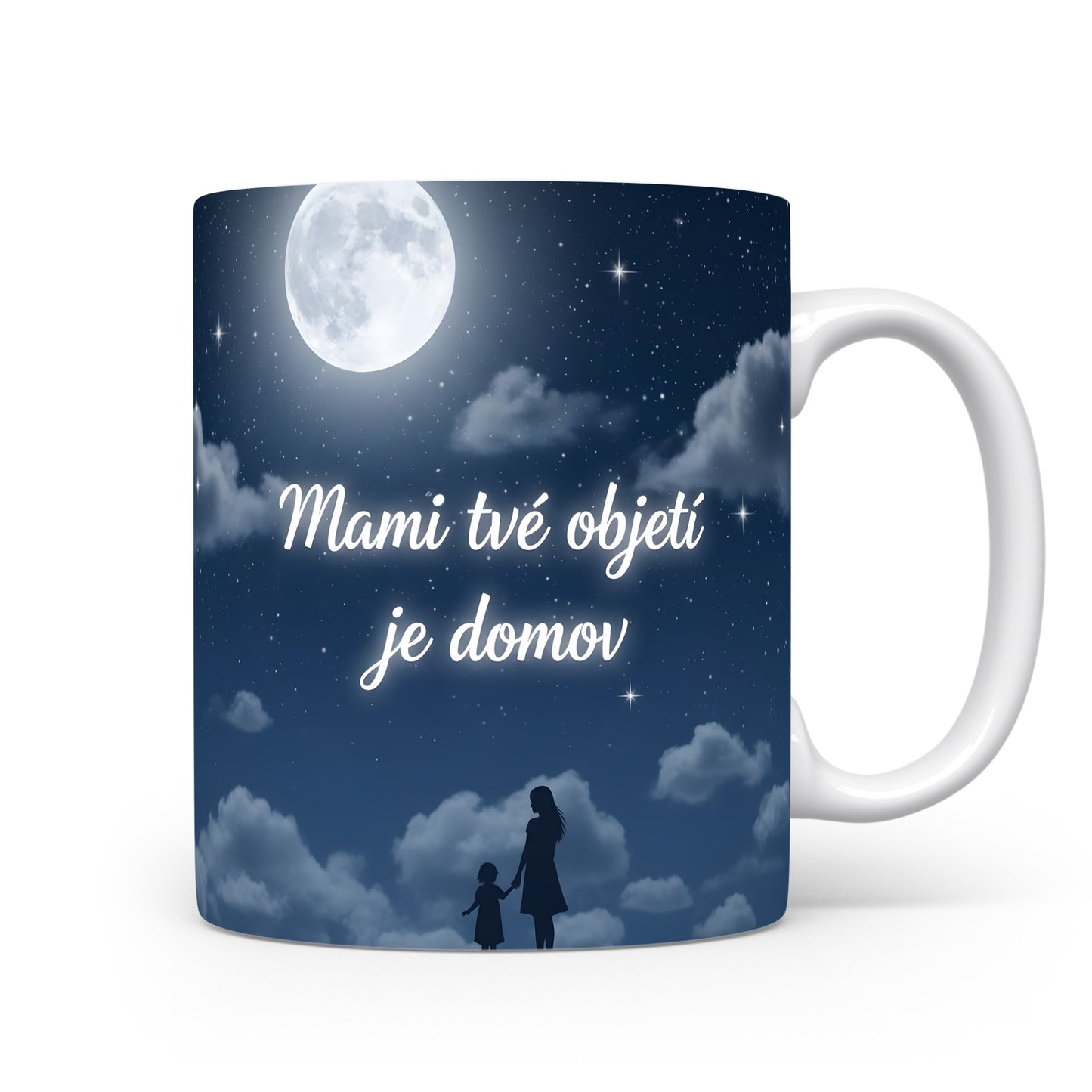 Hrnek Mami tvé objetí je domov – noční obloha s hvězdami a měsícem – varianta 11