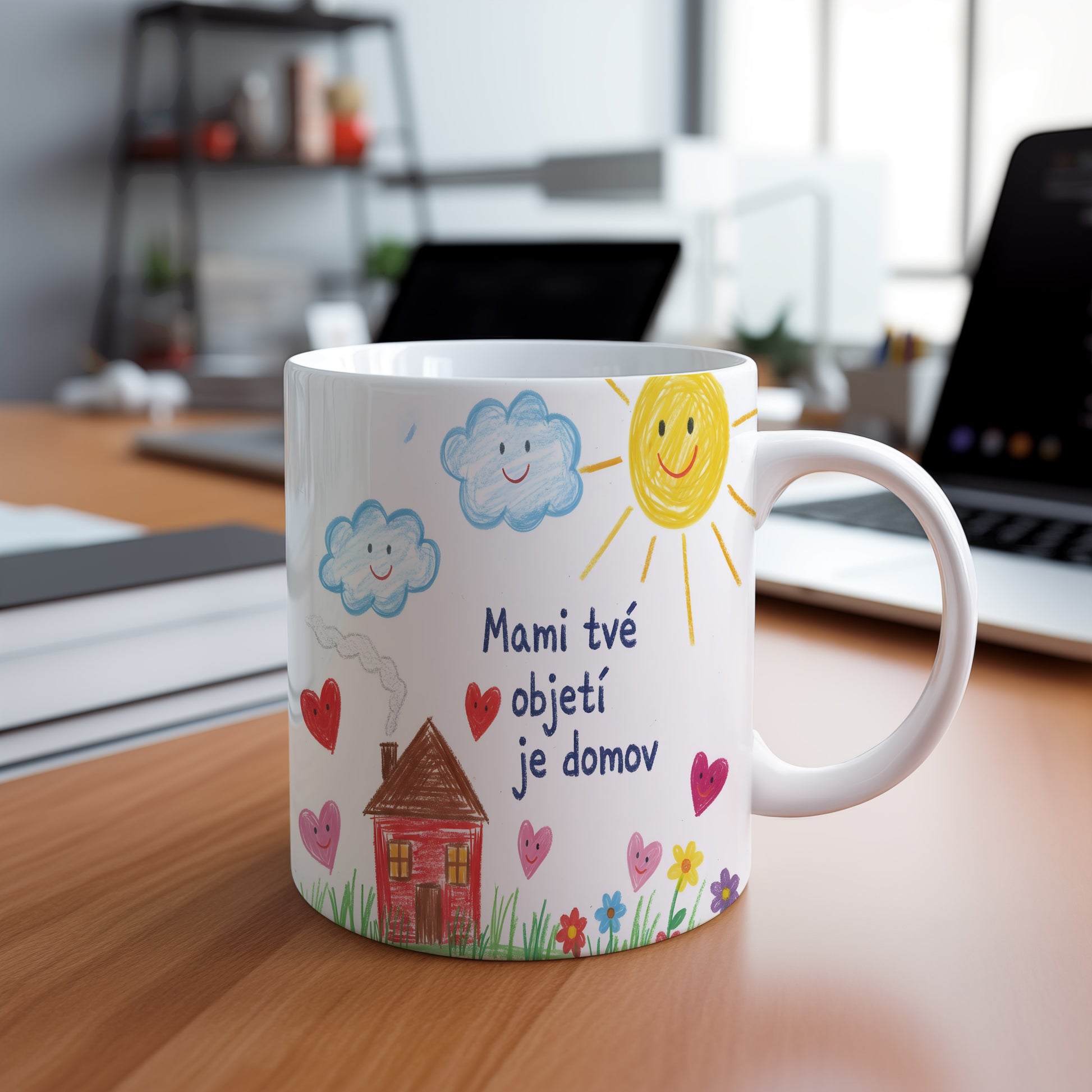 Hrnek Mami tvé objetí je domov – dětské kresby s usměvavým sluncem a mraky – varianta 88