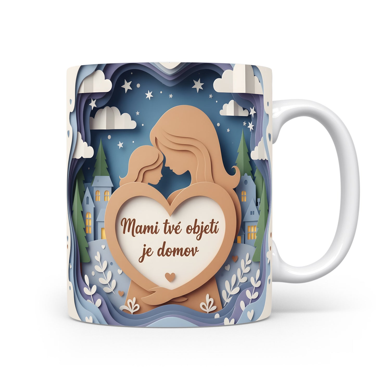 Hrnek Mami tvé objetí je domov – něžná silueta matky a dítěte pod hvězdnou oblohou – varianta 11