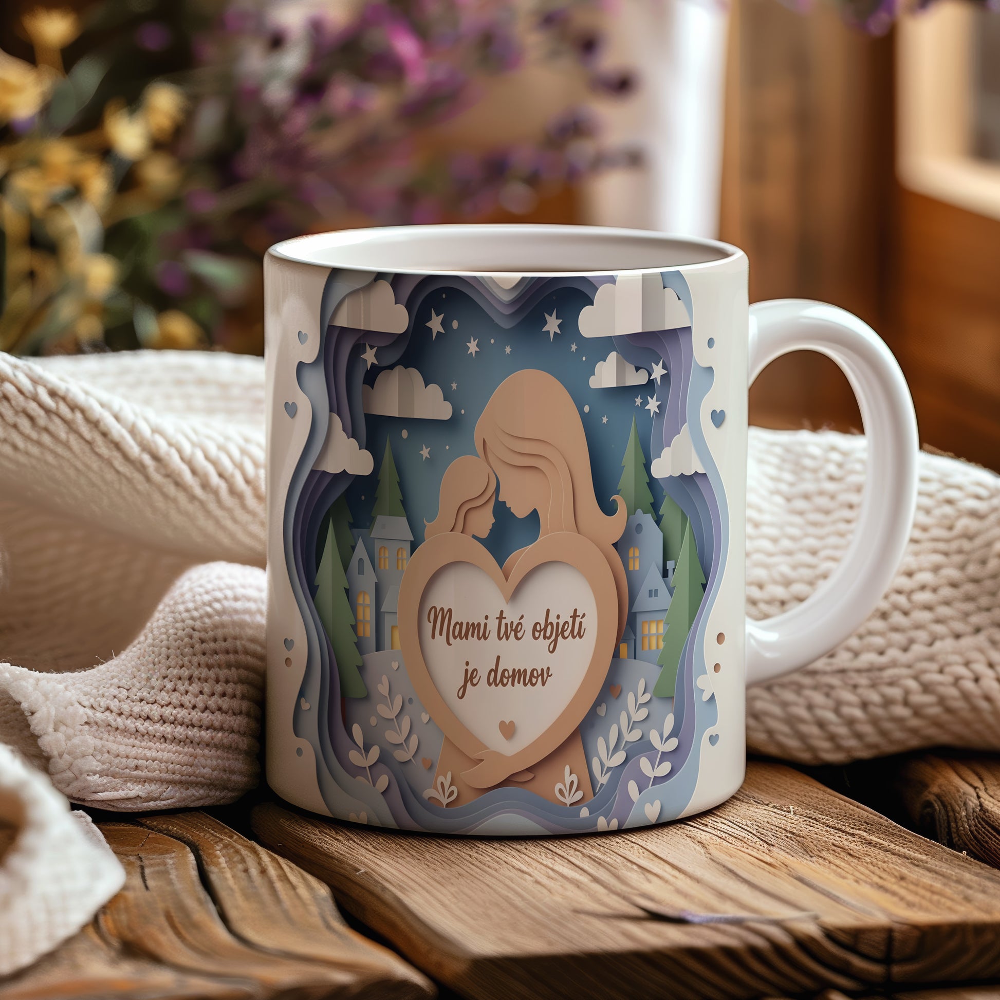 Hrnek Mami tvé objetí je domov – něžná silueta matky a dítěte pod hvězdnou oblohou – varianta 44