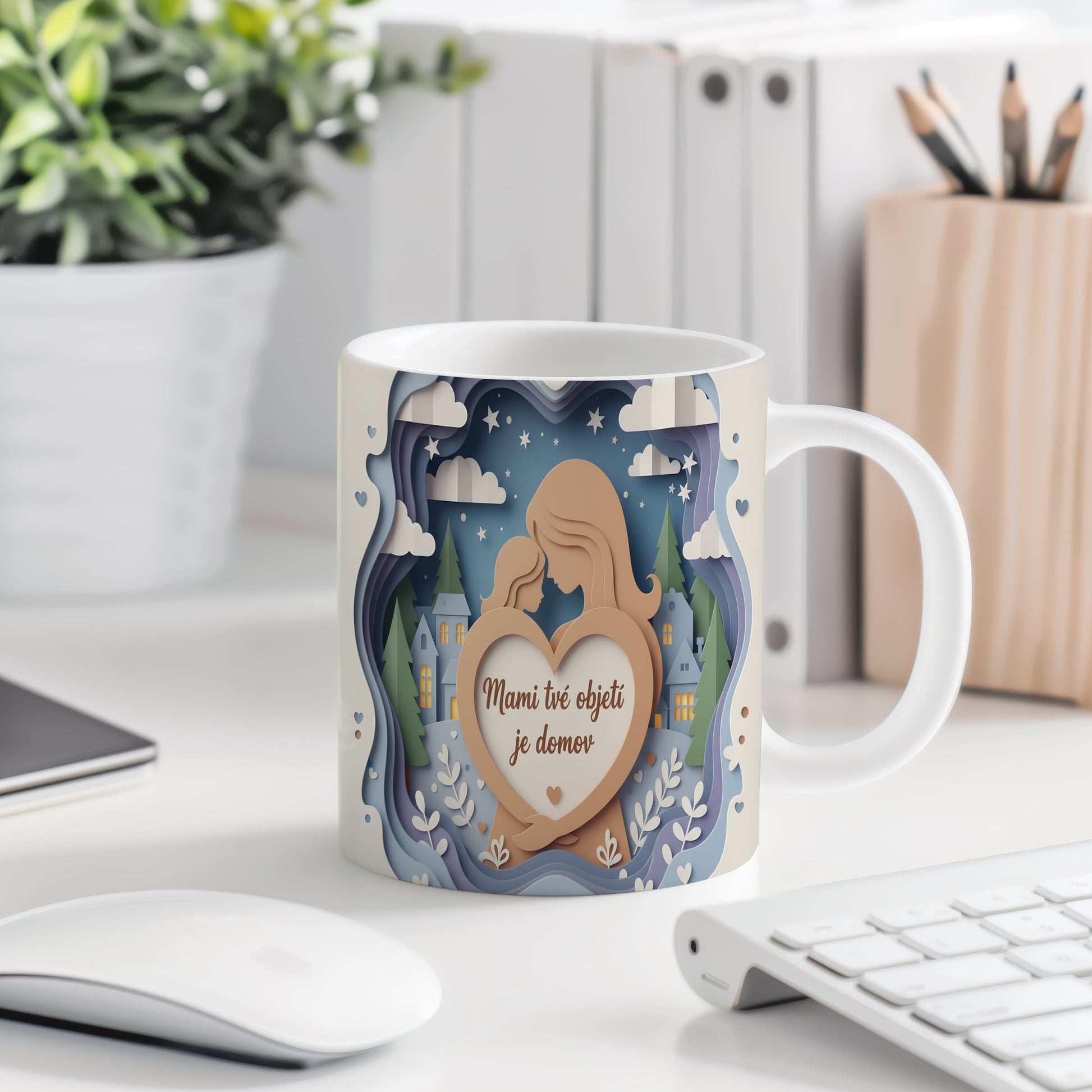Hrnek Mami tvé objetí je domov – něžná silueta matky a dítěte pod hvězdnou oblohou – varianta 77