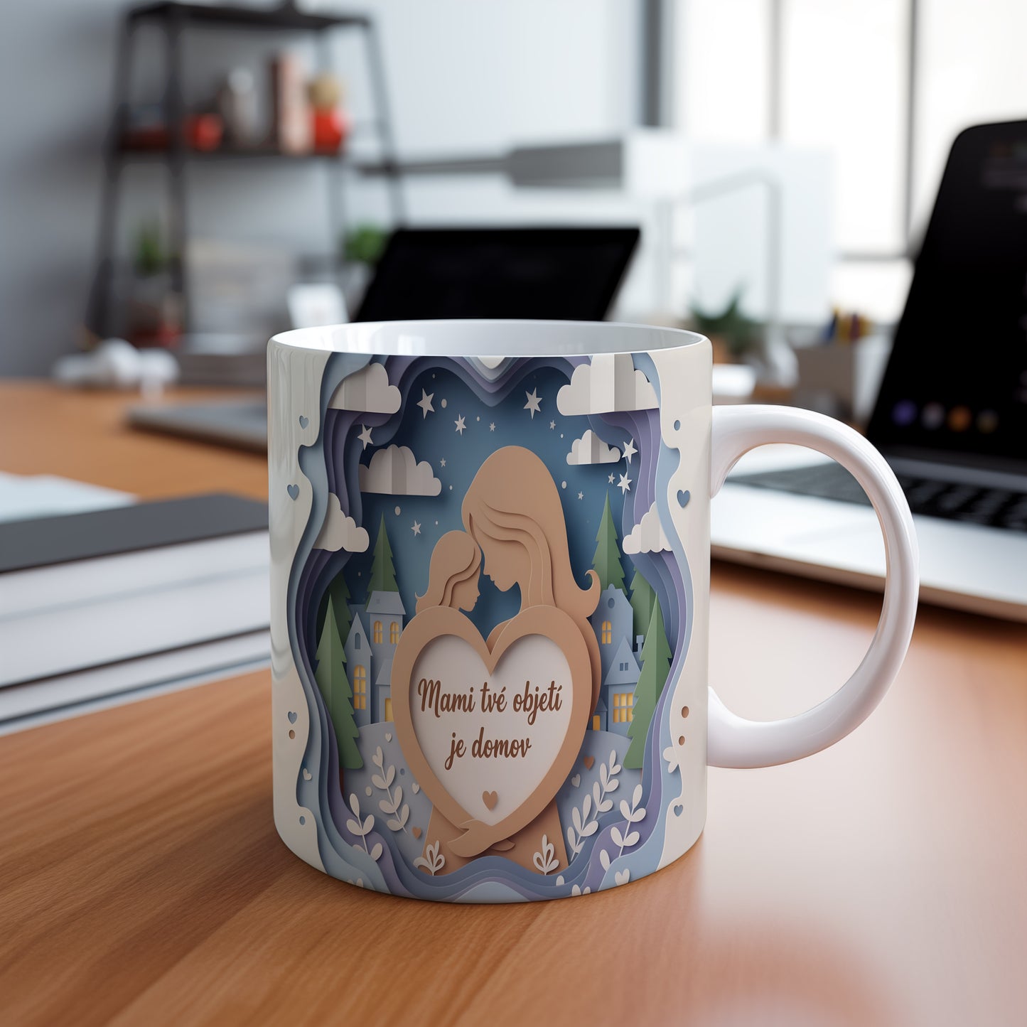 Hrnek Mami tvé objetí je domov – něžná silueta matky a dítěte pod hvězdnou oblohou – varianta 88
