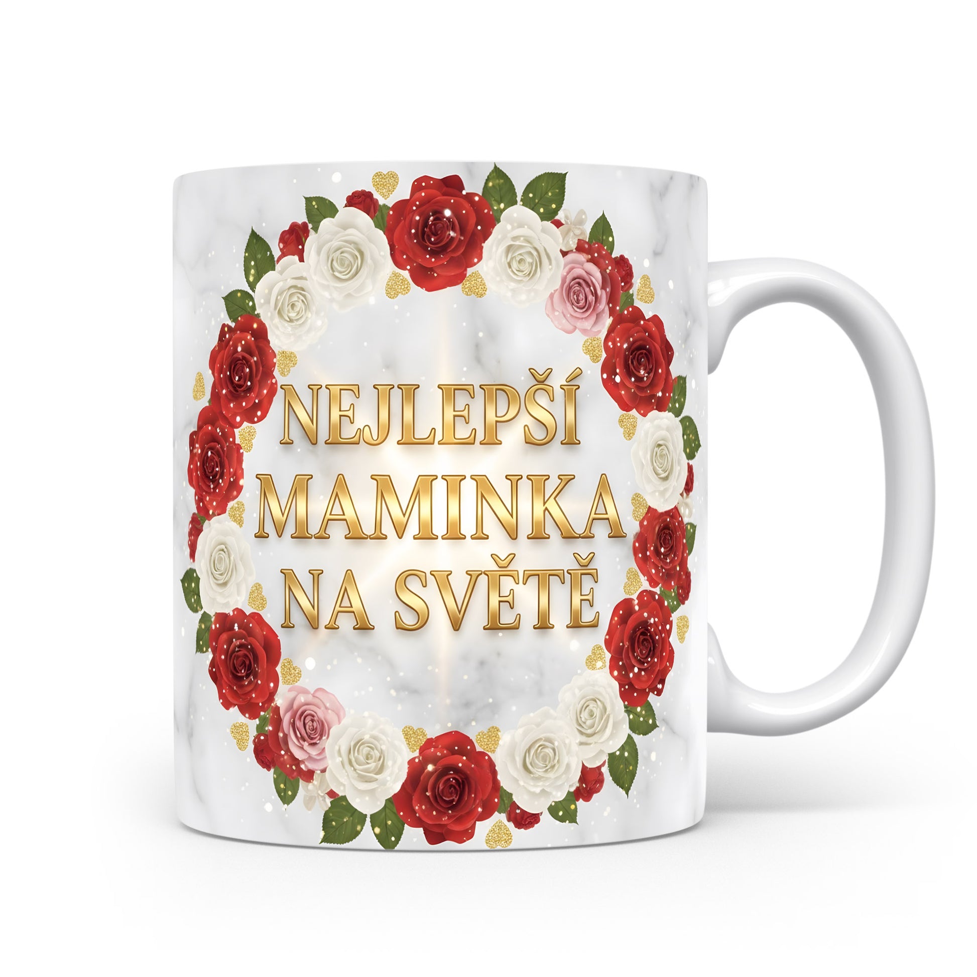 Hrnek NEJLEPŠÍ MAMINKA NA SVĚTĚ – červené a bílé růže na mramorovém pozadí – varianta 11
