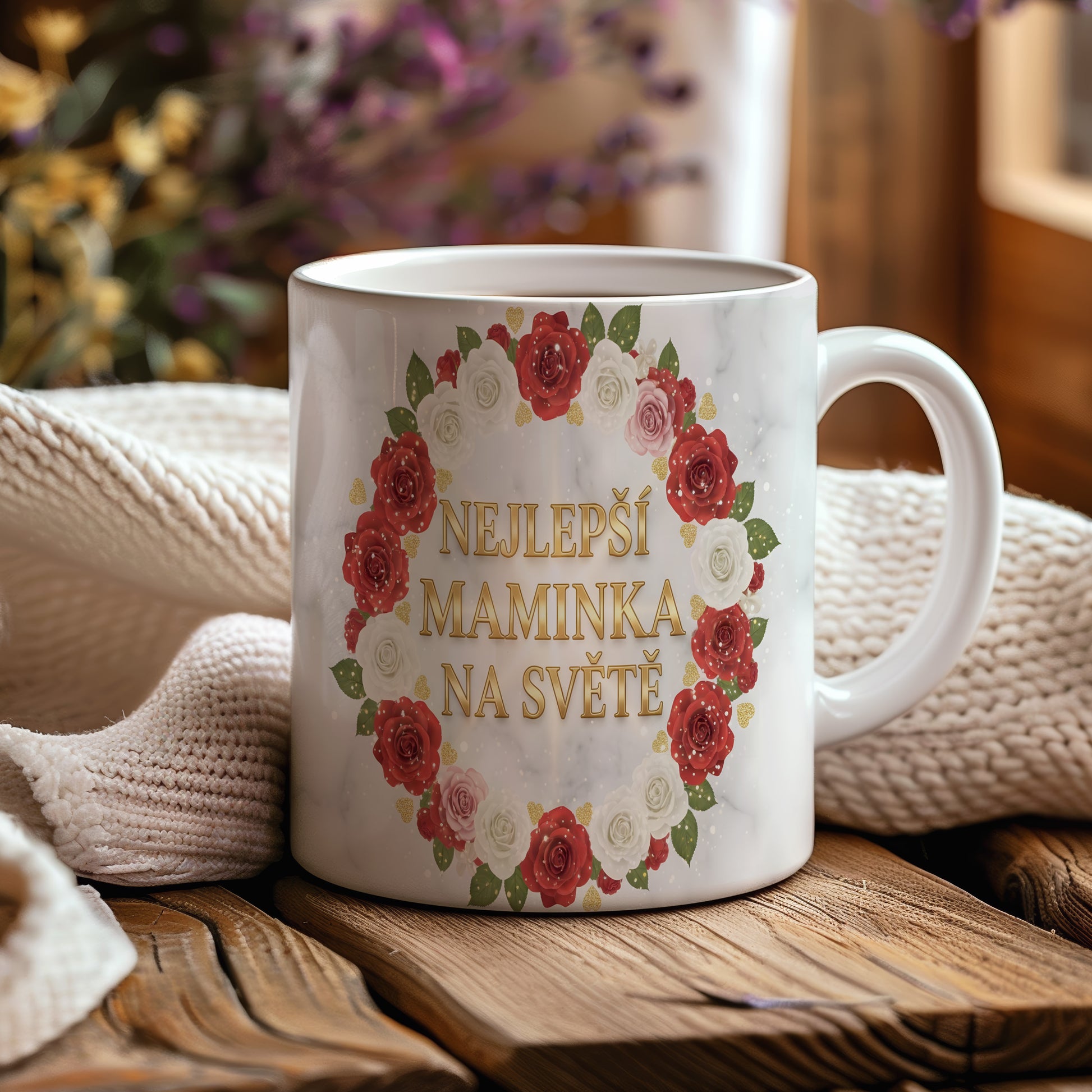 Hrnek NEJLEPŠÍ MAMINKA NA SVĚTĚ – červené a bílé růže na mramorovém pozadí – varianta 44