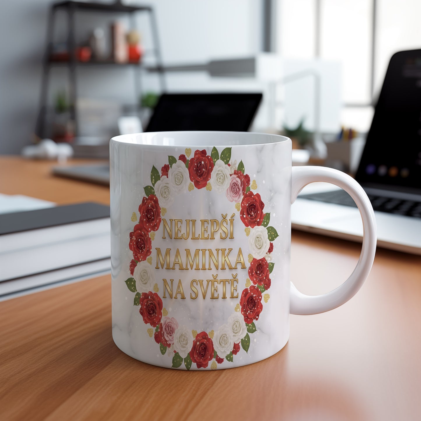 Hrnek NEJLEPŠÍ MAMINKA NA SVĚTĚ – červené a bílé růže na mramorovém pozadí – varianta 88