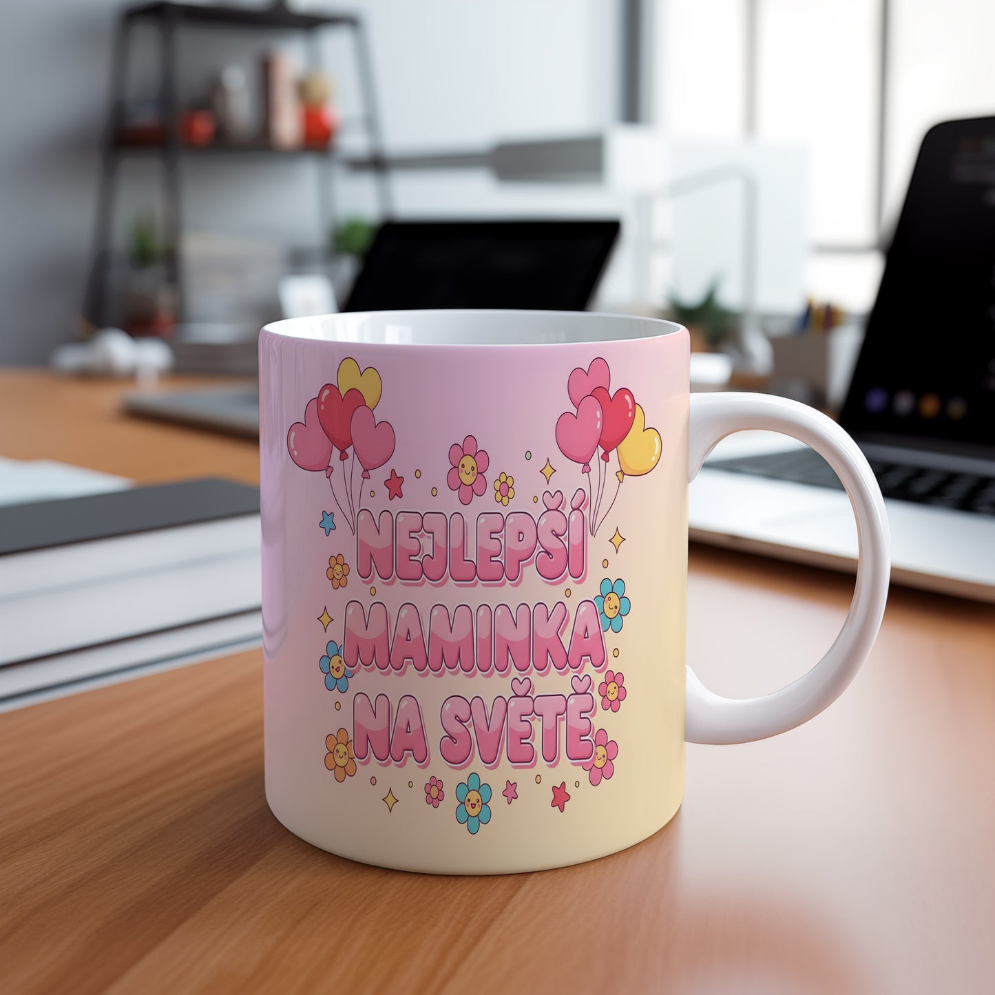 Hrnek NEJLEPŠÍ MAMINKA NA SVĚTĚ – pastelové květiny a balónky – varianta 88
