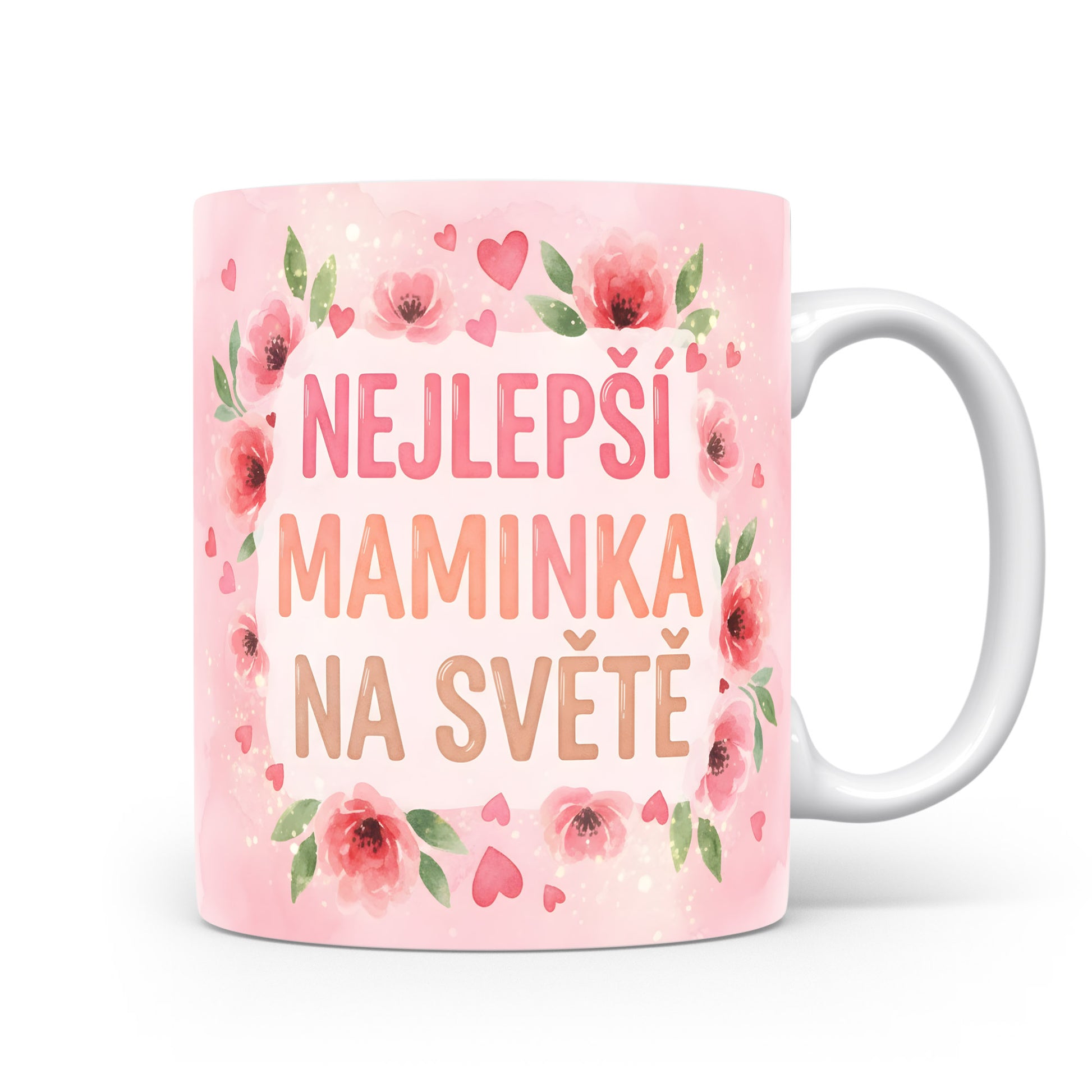 Hrnek NEJLEPŠÍ MAMINKA NA SVĚTĚ – romantické květy a srdíčka v akvarelovém stylu – varianta 11