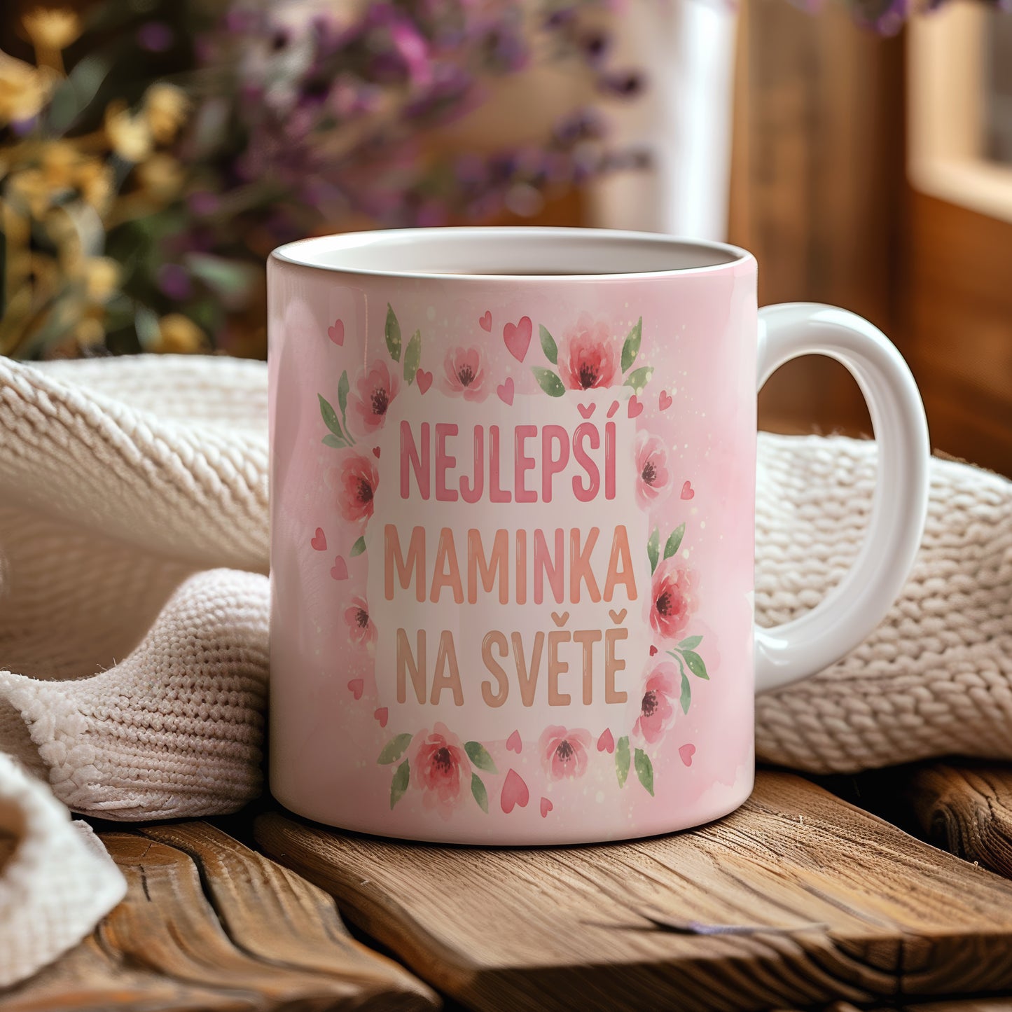 Hrnek NEJLEPŠÍ MAMINKA NA SVĚTĚ – romantické květy a srdíčka v akvarelovém stylu – varianta 44