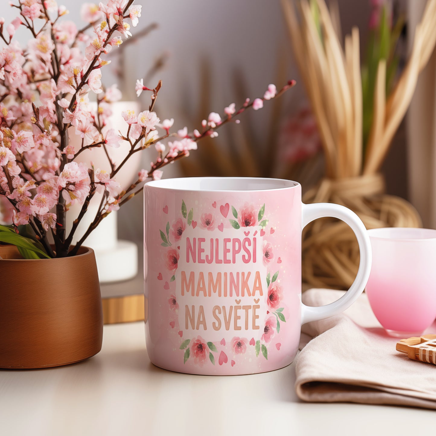 Hrnek NEJLEPŠÍ MAMINKA NA SVĚTĚ – romantické květy a srdíčka v akvarelovém stylu – varianta 55