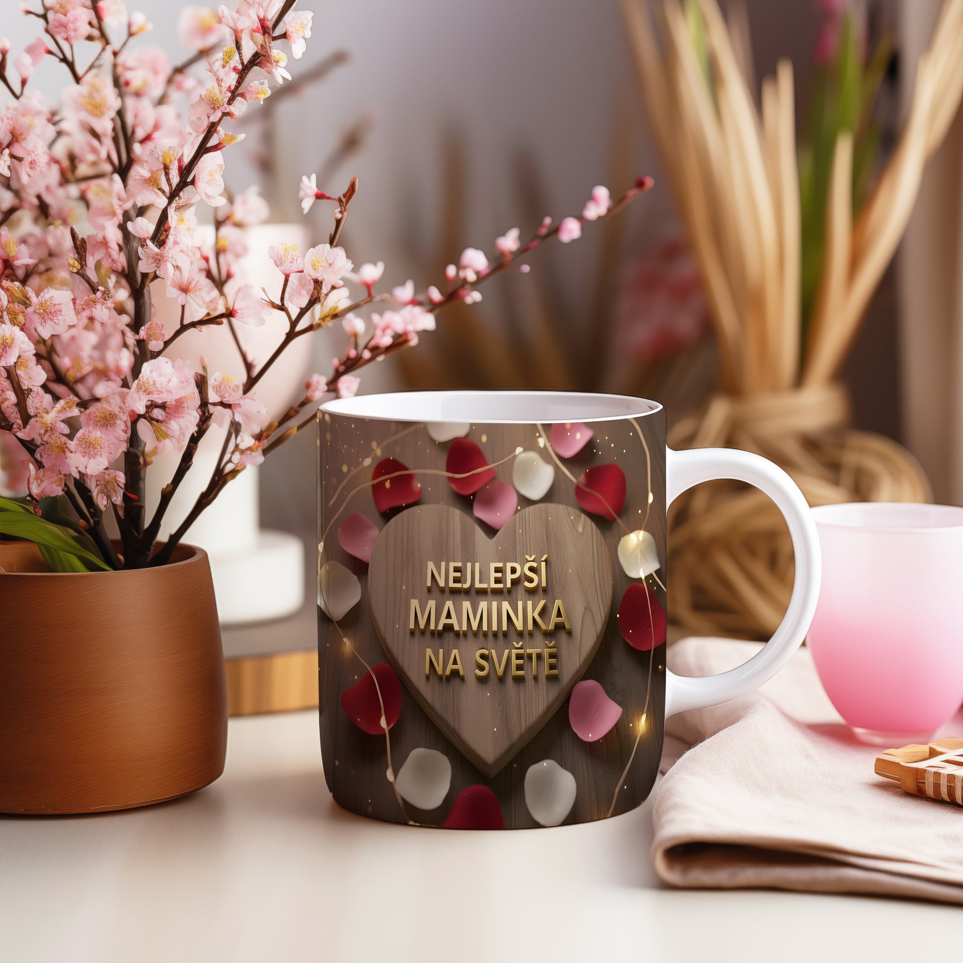 Hrnek NEJLEPŠÍ MAMINKA NA SVĚTĚ – zlaté písmo na dřevěném srdci s okvětními lístky – varianta 55