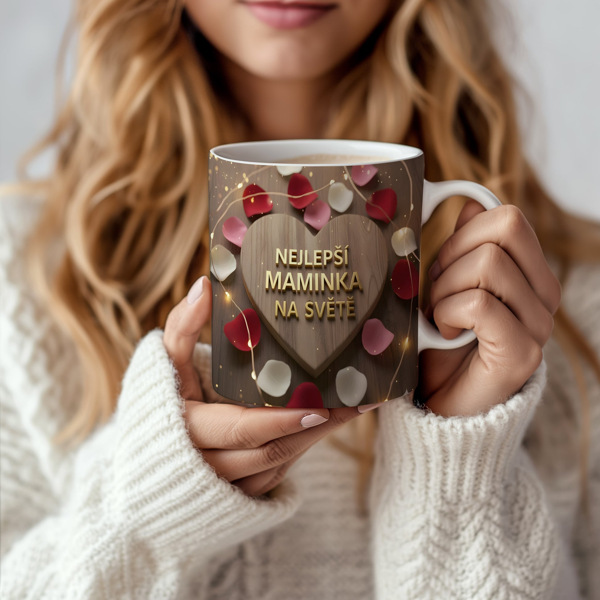 Hrnek NEJLEPŠÍ MAMINKA NA SVĚTĚ – zlaté písmo na dřevěném srdci s okvětními lístky – varianta 66