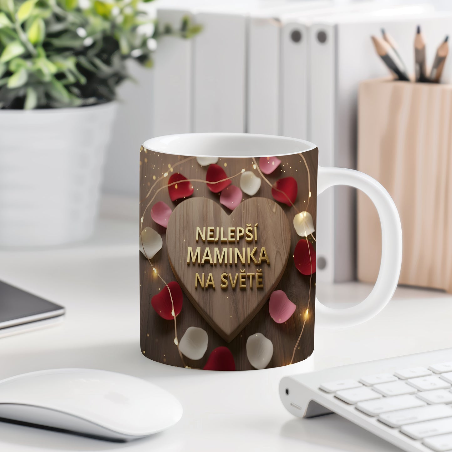 Hrnek NEJLEPŠÍ MAMINKA NA SVĚTĚ – zlaté písmo na dřevěném srdci s okvětními lístky – varianta 77