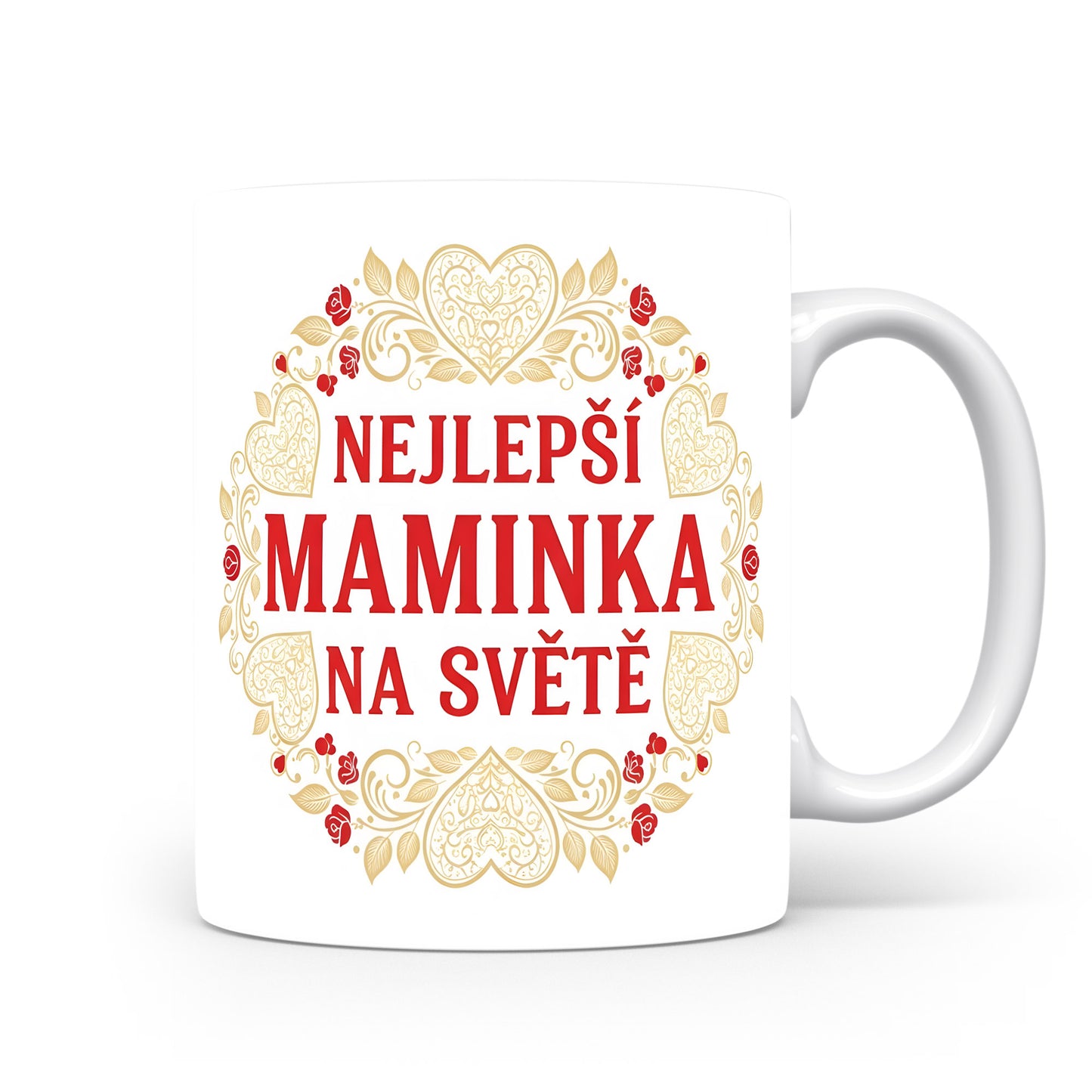 Hrnek NEJLEPŠÍ MAMINKA NA SVĚTĚ – zlaté srdce a červené růže – varianta 11