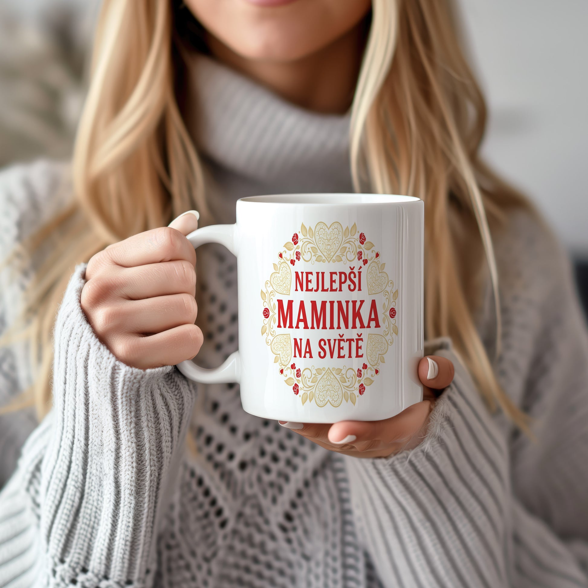 Hrnek NEJLEPŠÍ MAMINKA NA SVĚTĚ – zlaté srdce a červené růže – varianta 22