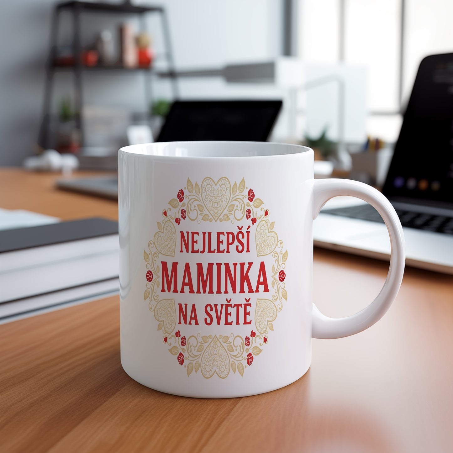 Hrnek NEJLEPŠÍ MAMINKA NA SVĚTĚ – zlaté srdce a červené růže – varianta 88