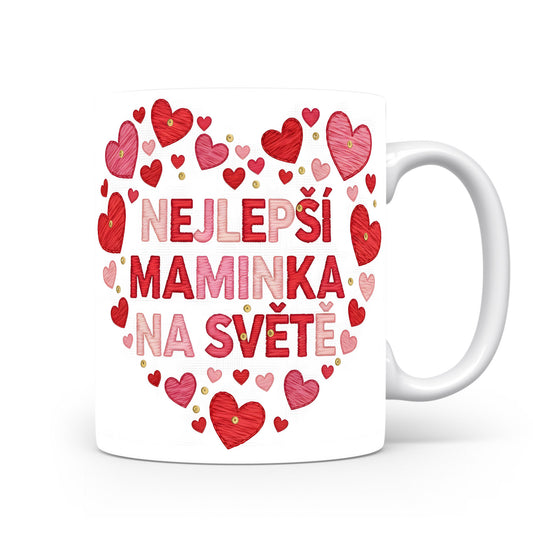 Hrnek NEJLEPŠÍ MAMINKA NA SVĚTĚ – červená a růžová srdce se zlatými akcenty – varianta 11