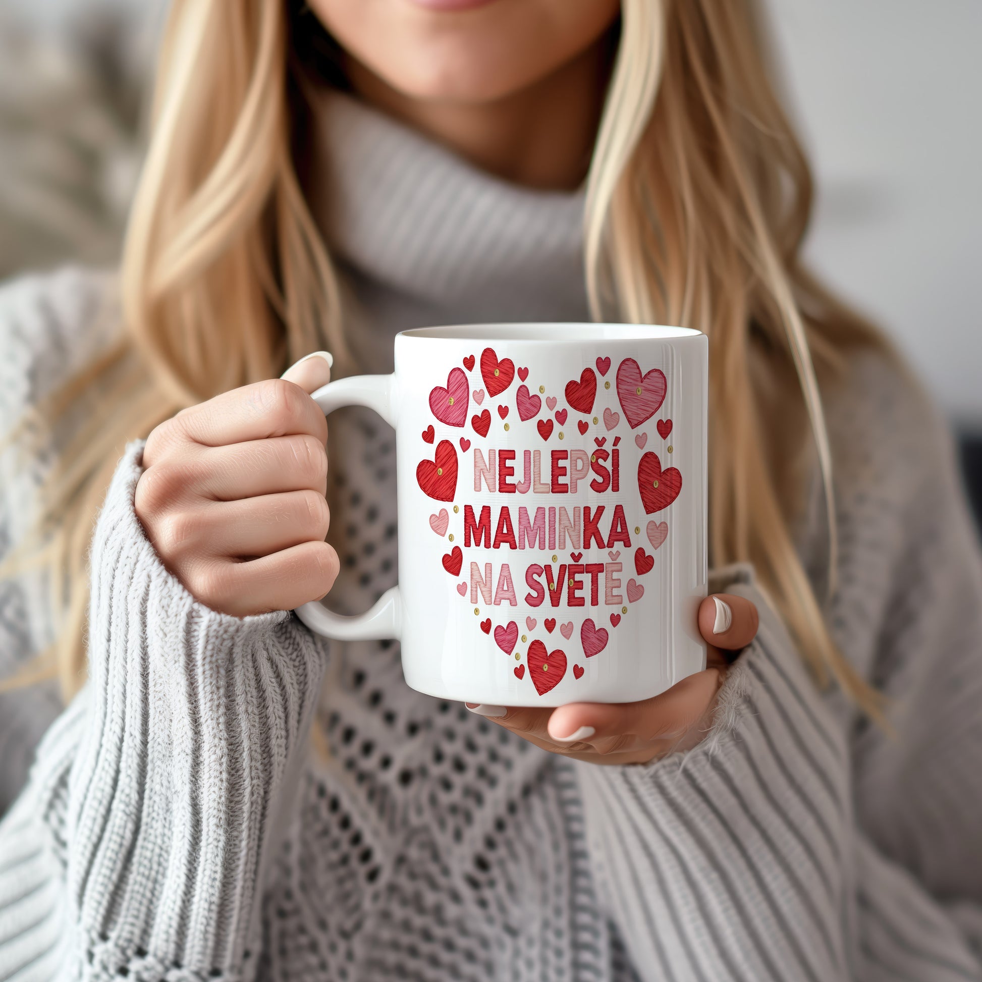Hrnek NEJLEPŠÍ MAMINKA NA SVĚTĚ – červená a růžová srdce se zlatými akcenty – varianta 22