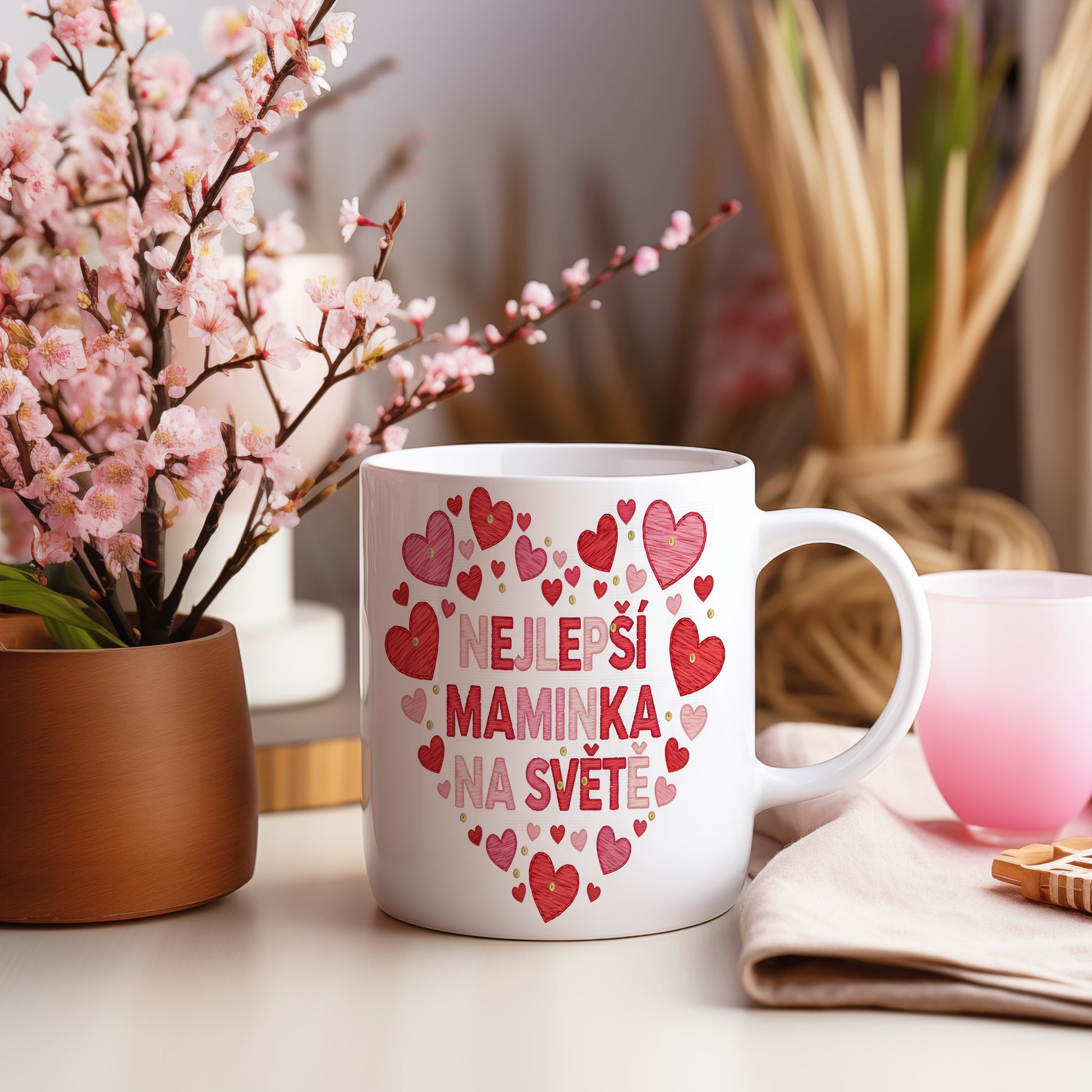 Hrnek NEJLEPŠÍ MAMINKA NA SVĚTĚ – červená a růžová srdce se zlatými akcenty – varianta 55