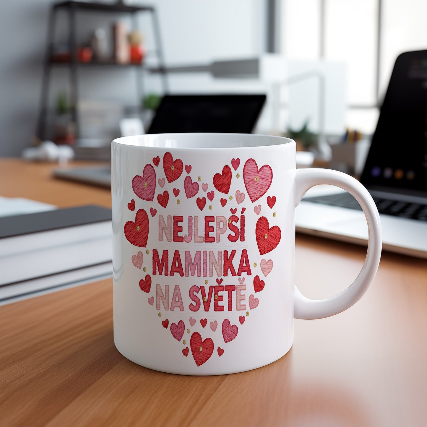 Hrnek NEJLEPŠÍ MAMINKA NA SVĚTĚ – červená a růžová srdce se zlatými akcenty – varianta 88