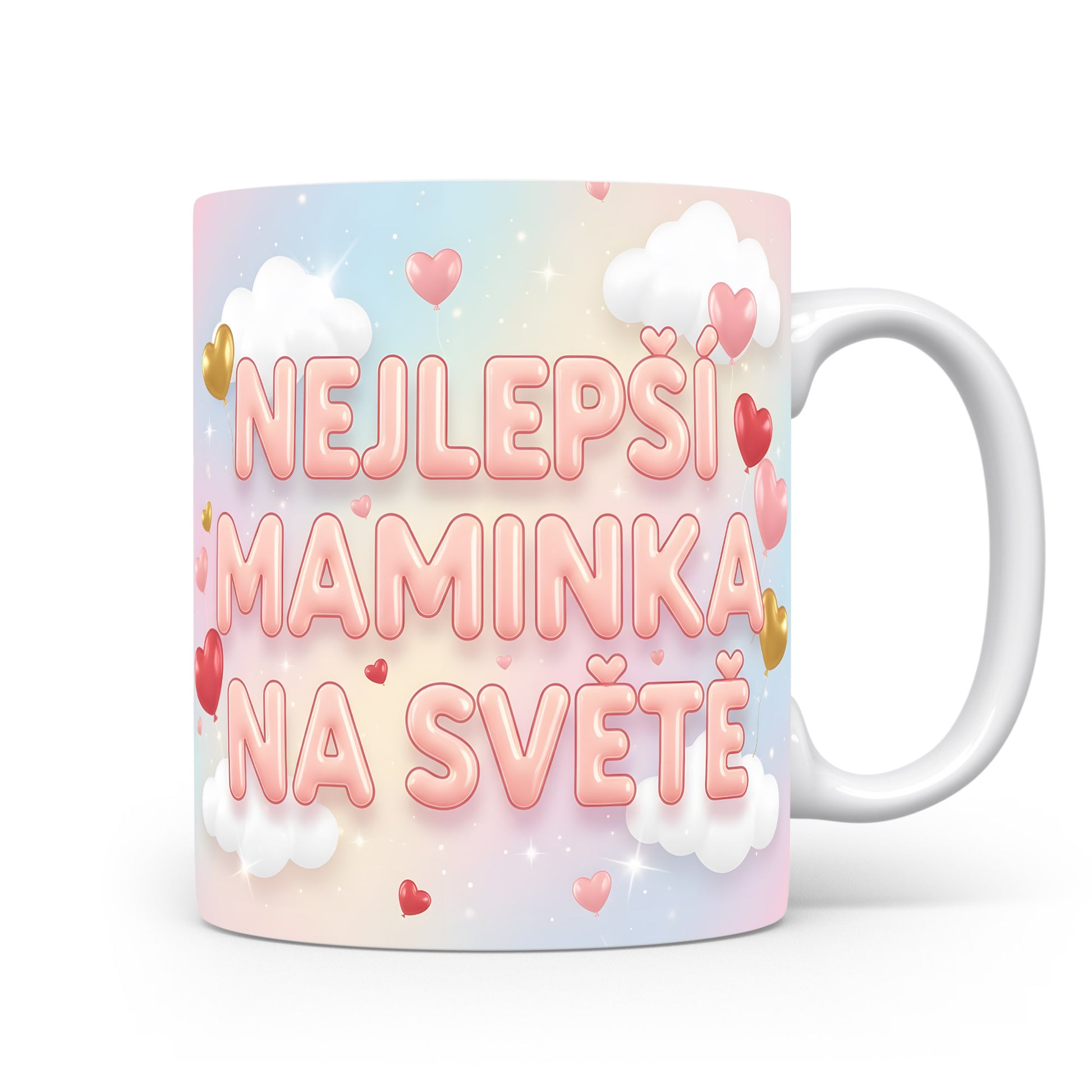 Hrnek Nejlepší maminka na světě – pastelové mraky a zlatá srdíčka – varianta 11