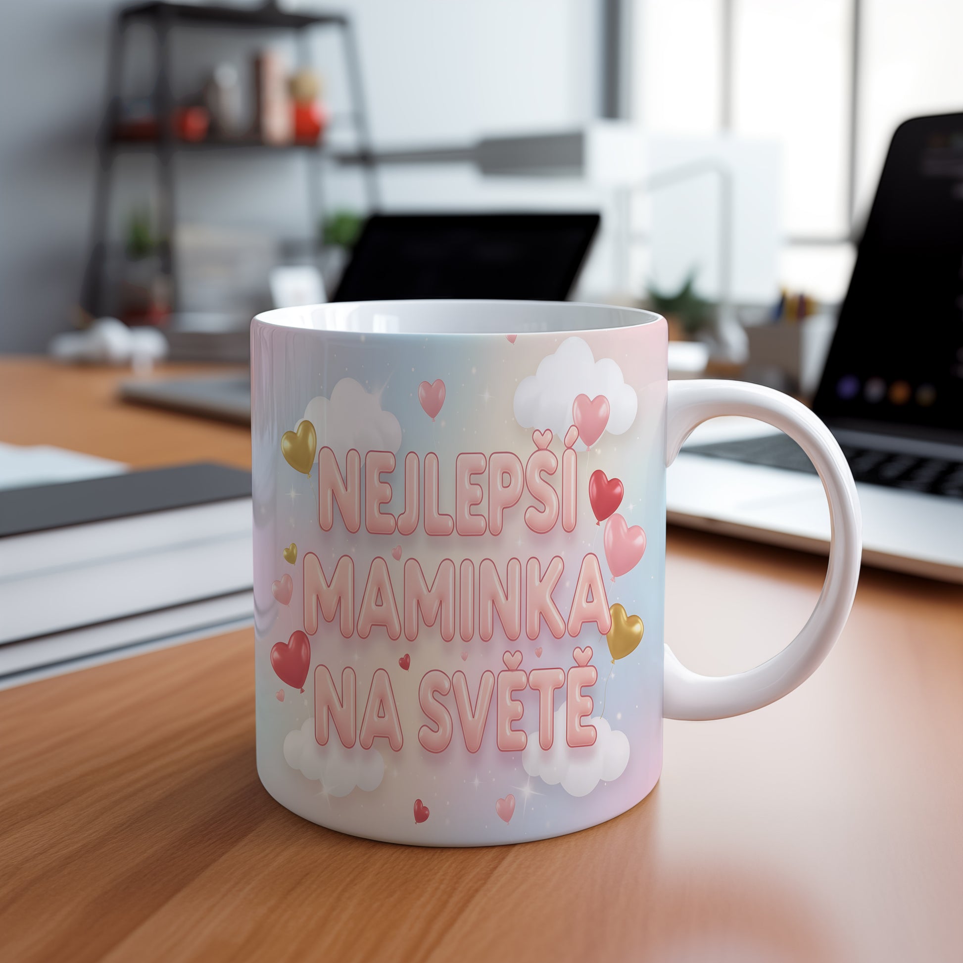 Hrnek Nejlepší maminka na světě – pastelové mraky a zlatá srdíčka – varianta 88