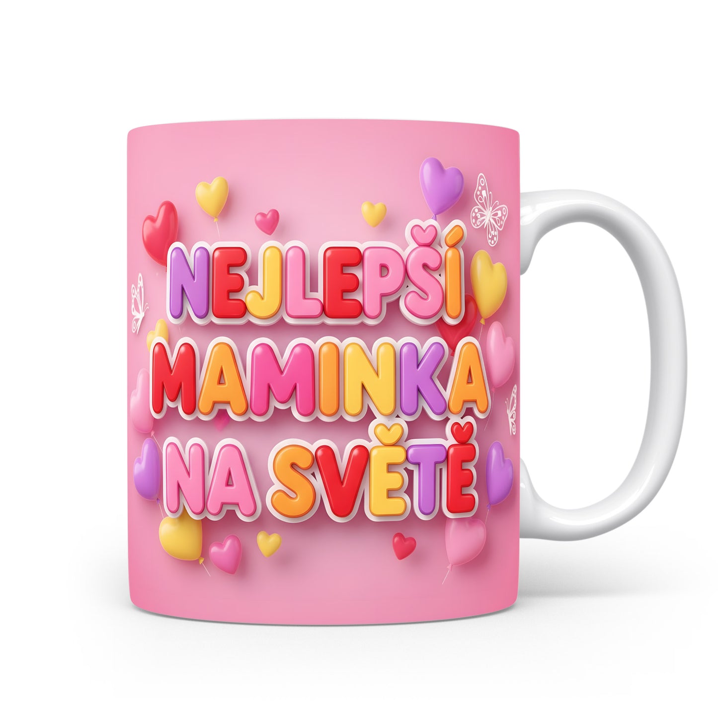 Hrnek NEJLEPŠÍ MAMINKA NA SVĚTĚ – pastelové srdíčka a hravé motýlky – varianta 11