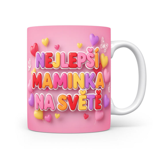 Hrnek NEJLEPŠÍ MAMINKA NA SVĚTĚ – pastelové srdíčka a hravé motýlky – varianta 11