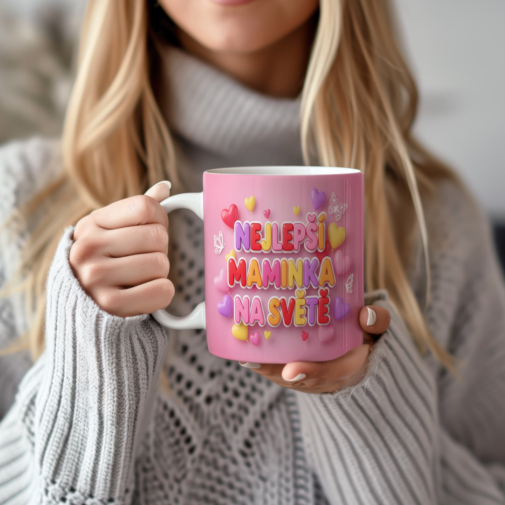 Hrnek NEJLEPŠÍ MAMINKA NA SVĚTĚ – pastelové srdíčka a hravé motýlky – varianta 22