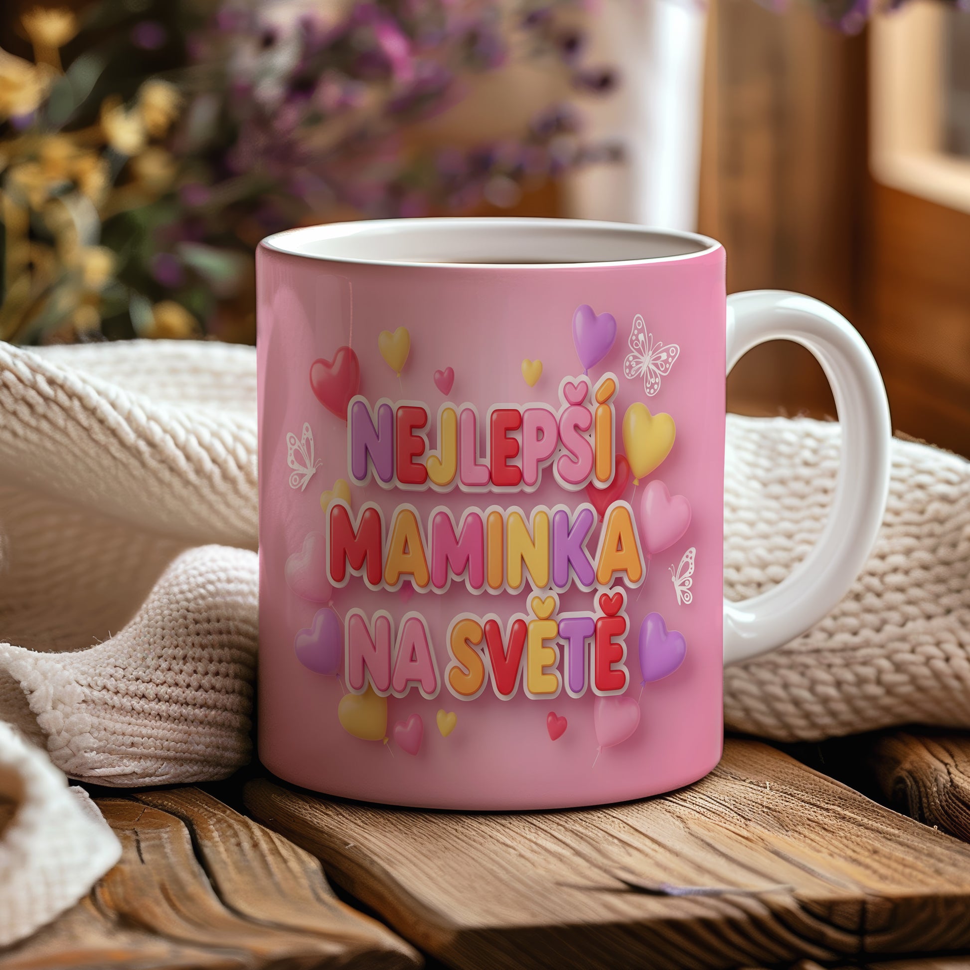 Hrnek NEJLEPŠÍ MAMINKA NA SVĚTĚ – pastelové srdíčka a hravé motýlky – varianta 44