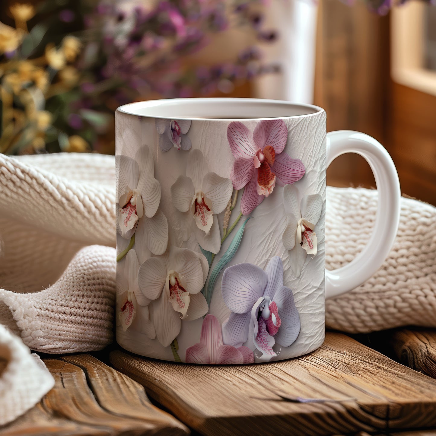 Hrnek s elegantními orchidejemi – bílým provedením