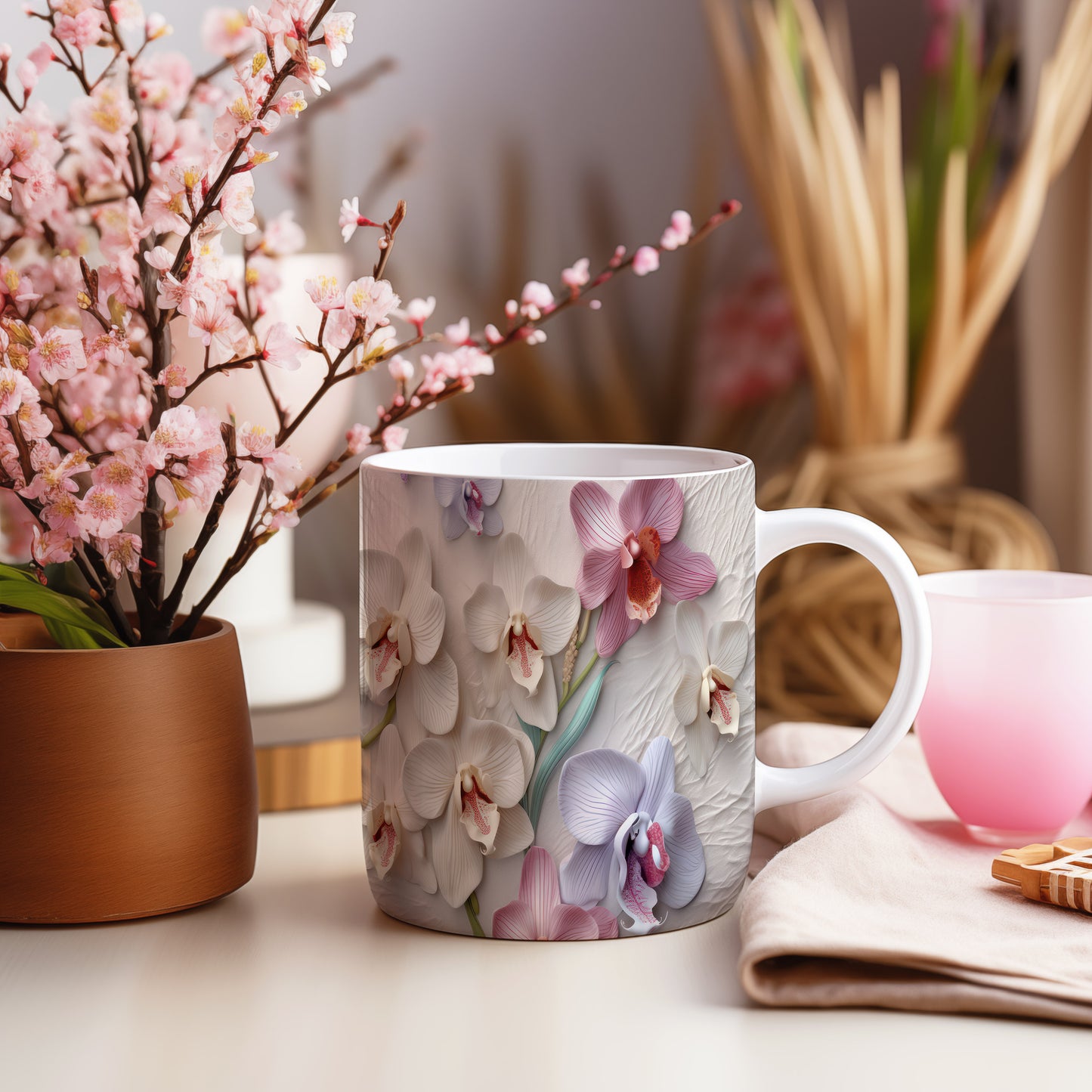 Hrnek s elegantními orchidejemi – bílým provedením
